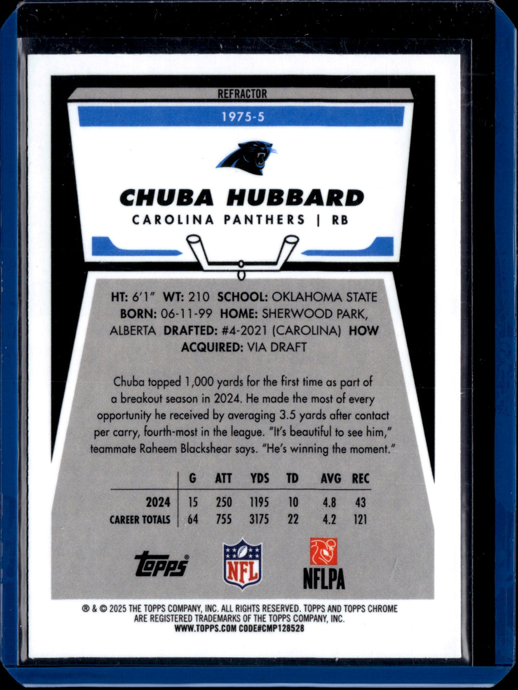 2025 Topps Chrome Football Chuba Hubbard #1975-5 Refractor
