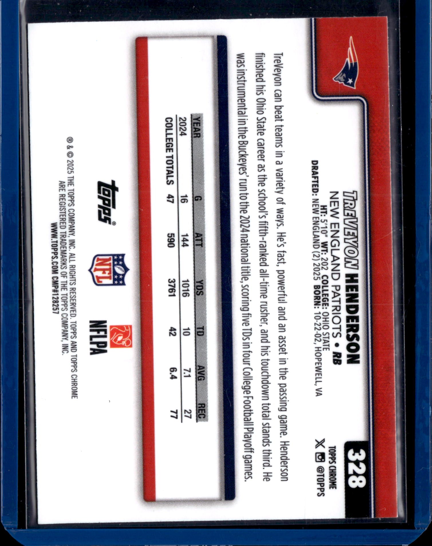 2025 Topps Chrome Football TreVeyon Henderson #328 RC