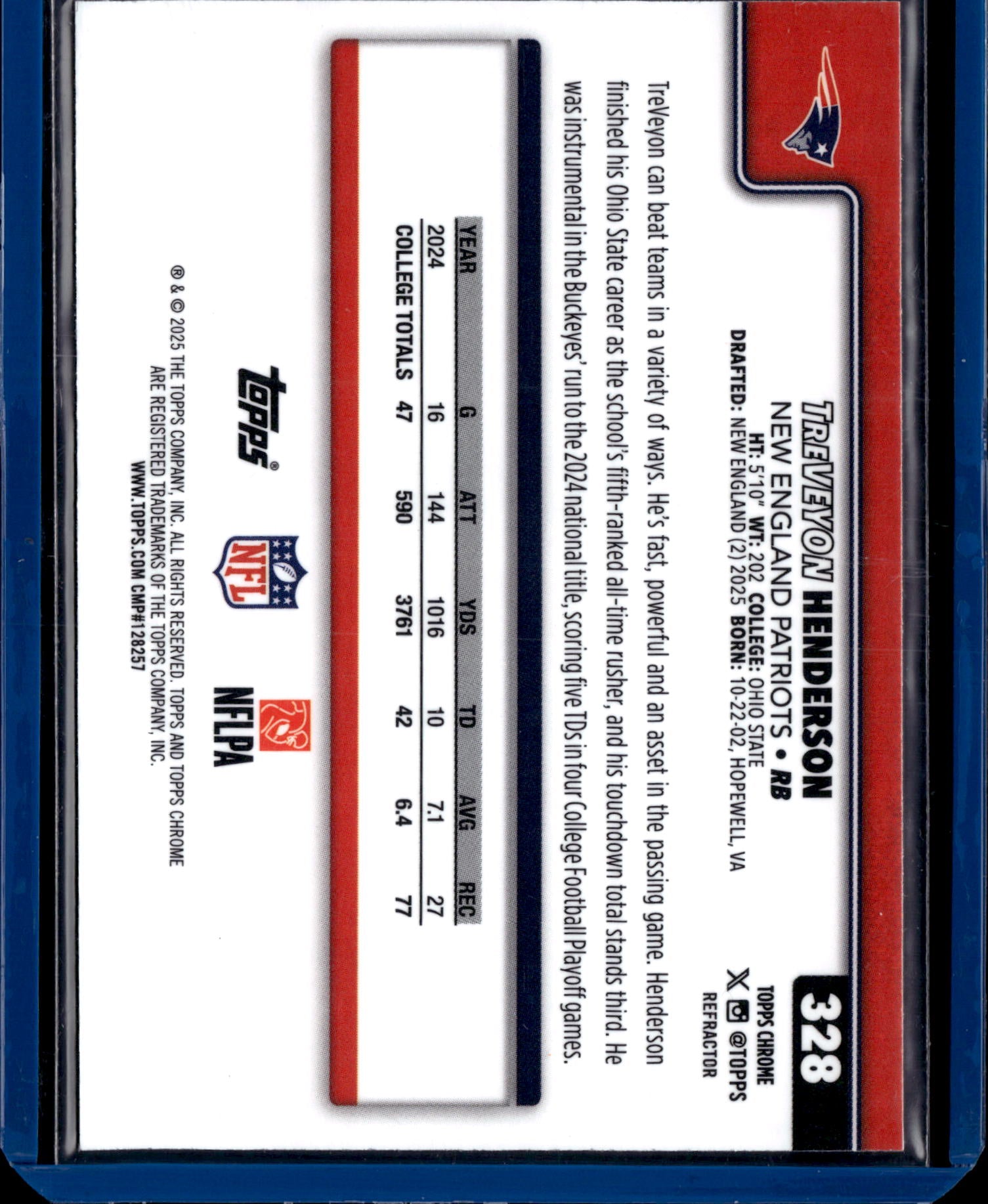 2025 Topps Chrome Football TreVeyon Henderson #328 Refractor RC