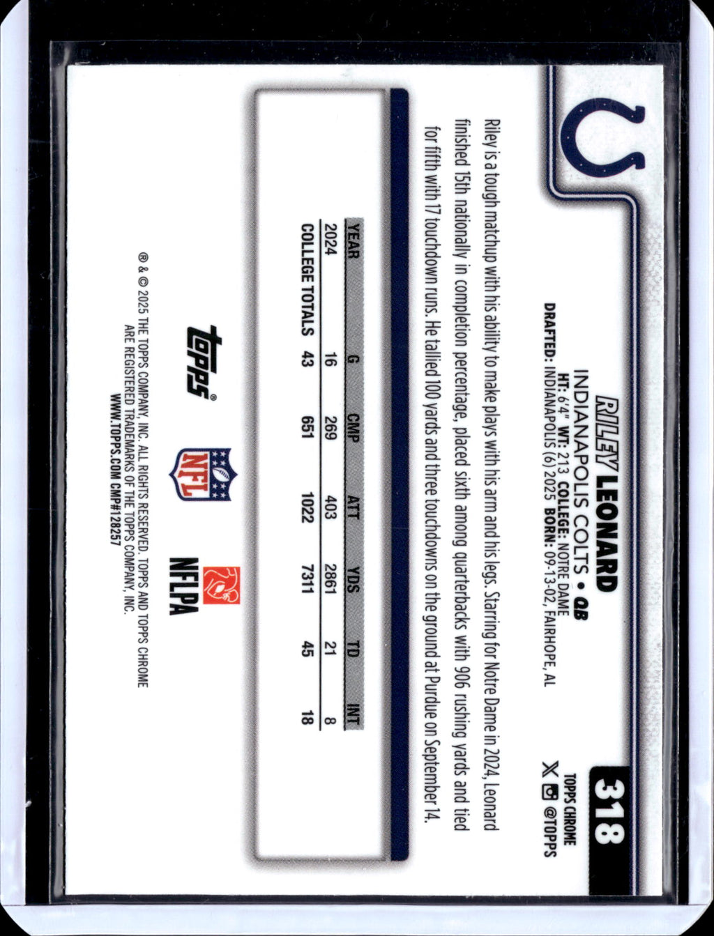 2025 Topps Chrome Football Riley Leonard #318 RC