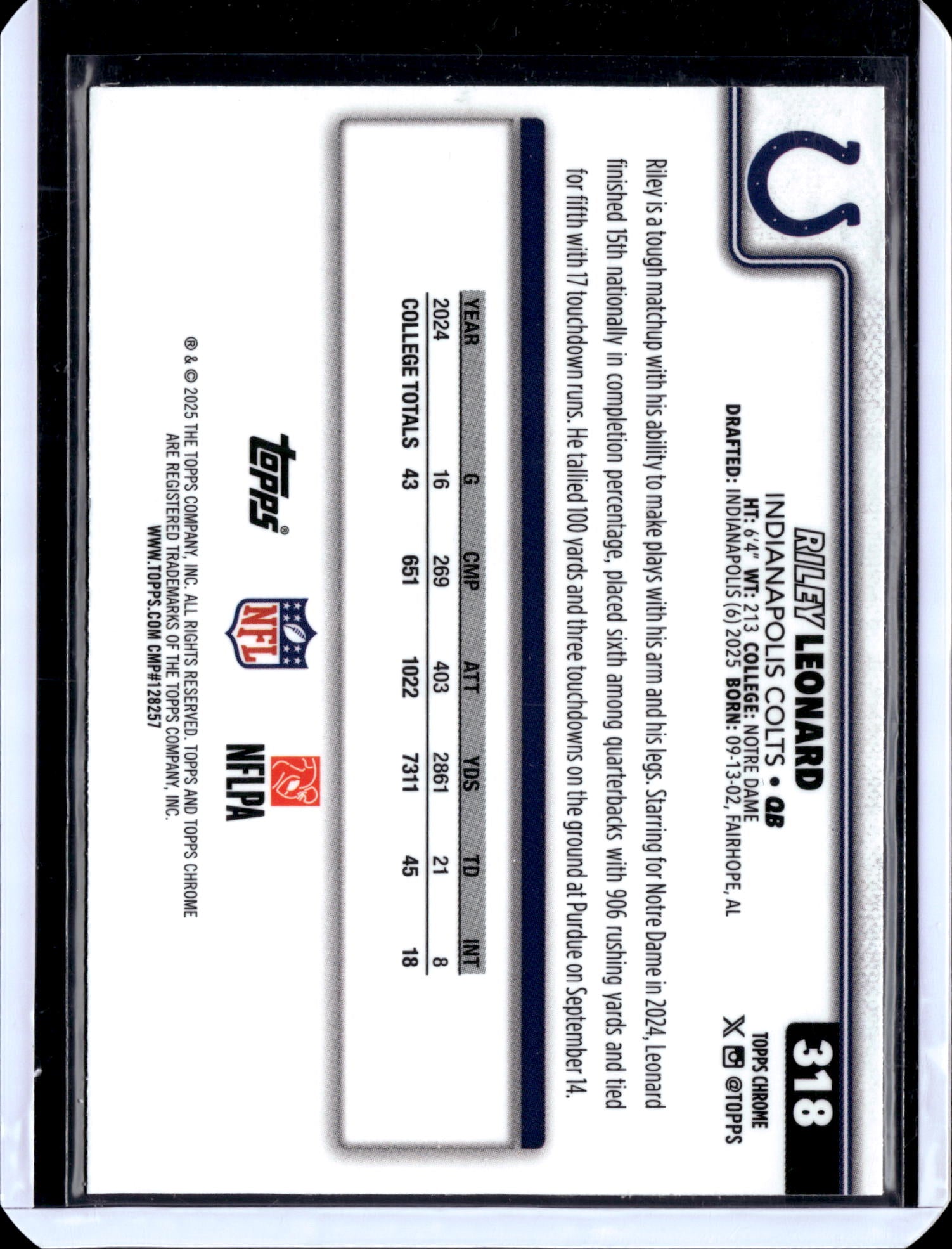 2025 Topps Chrome Football Riley Leonard #318 RC