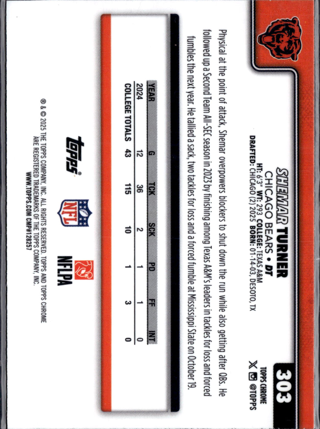 2025 Topps Chrome Football Shemar Turner #303 RC