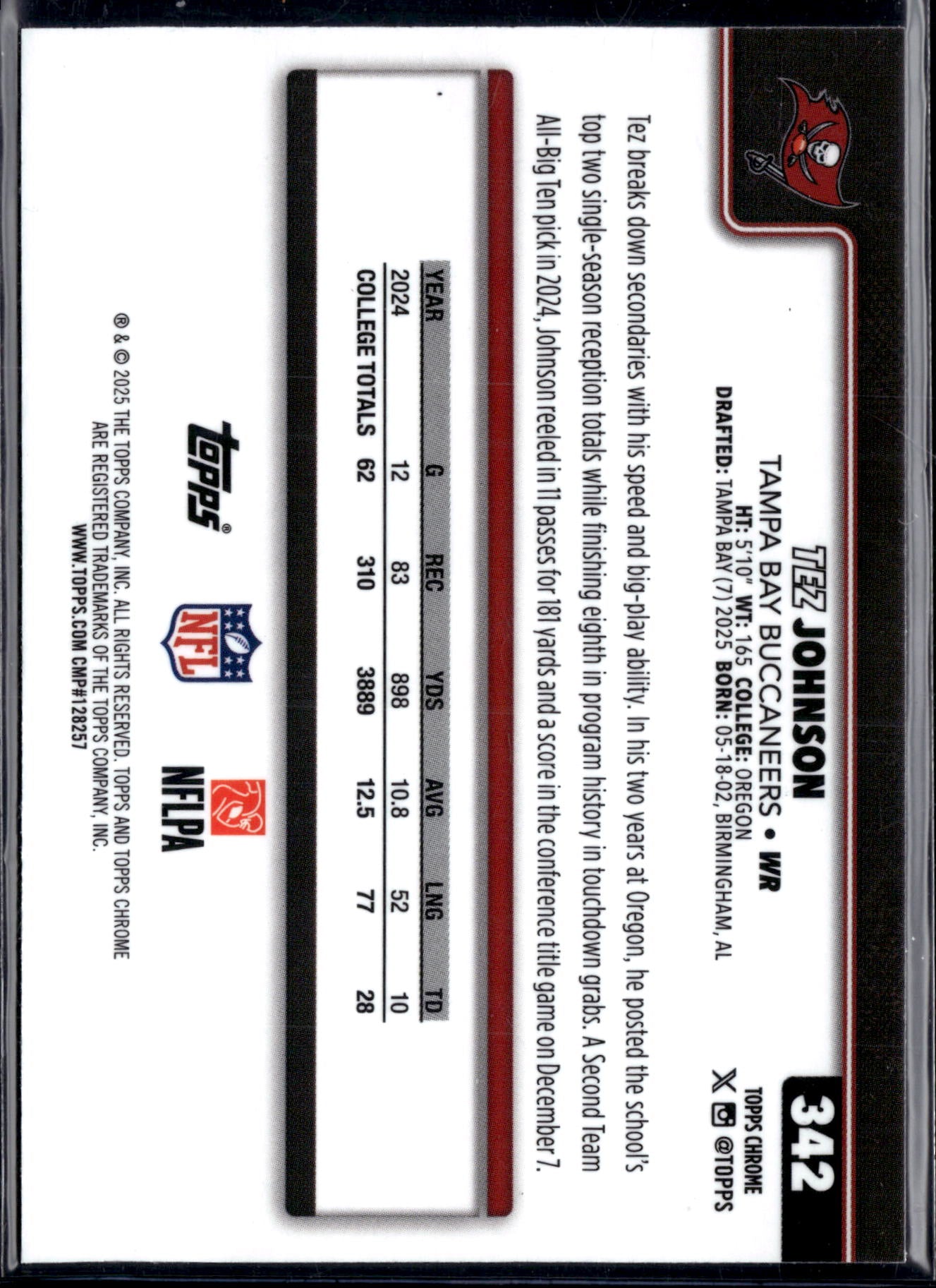 2025 Topps Chrome Football Tez Johnson #342 Prizm RC