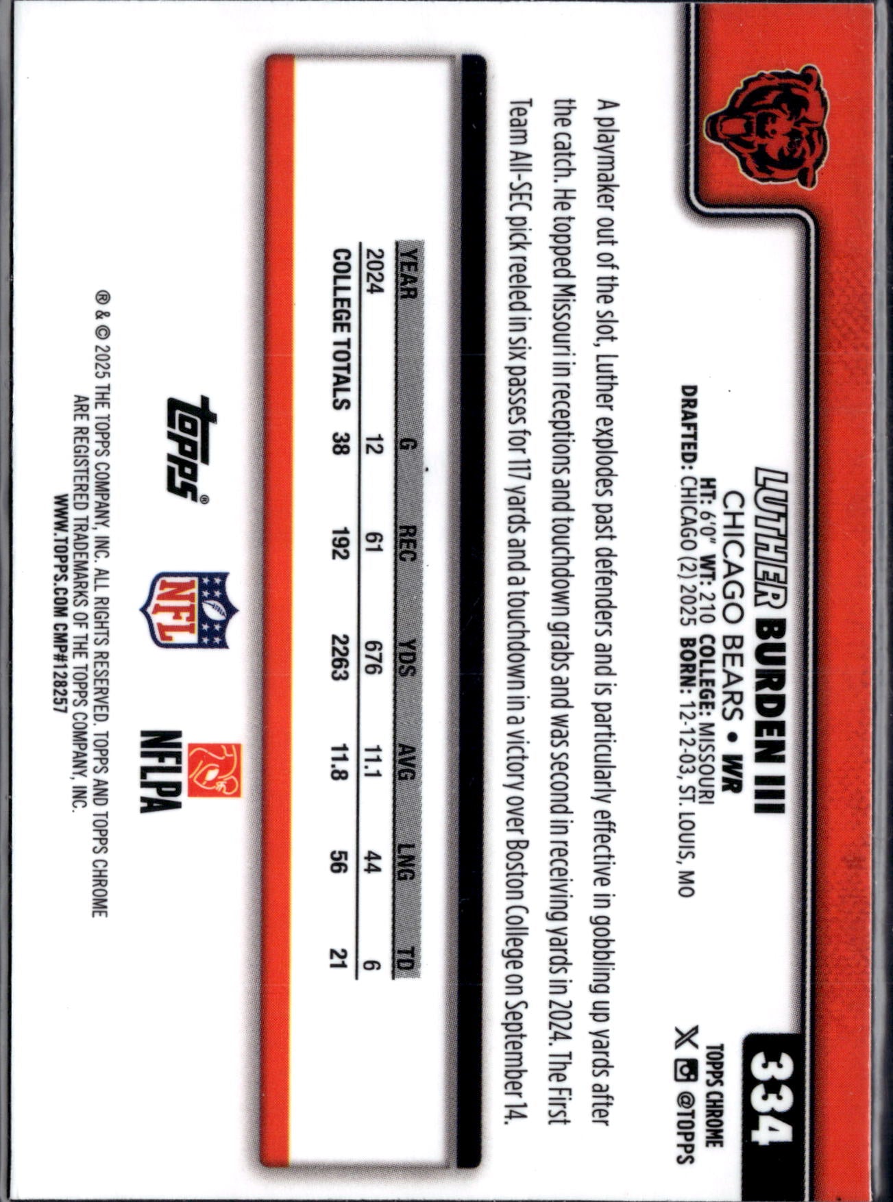 2025 Topps Chrome Football Luther Burden III #334 RC