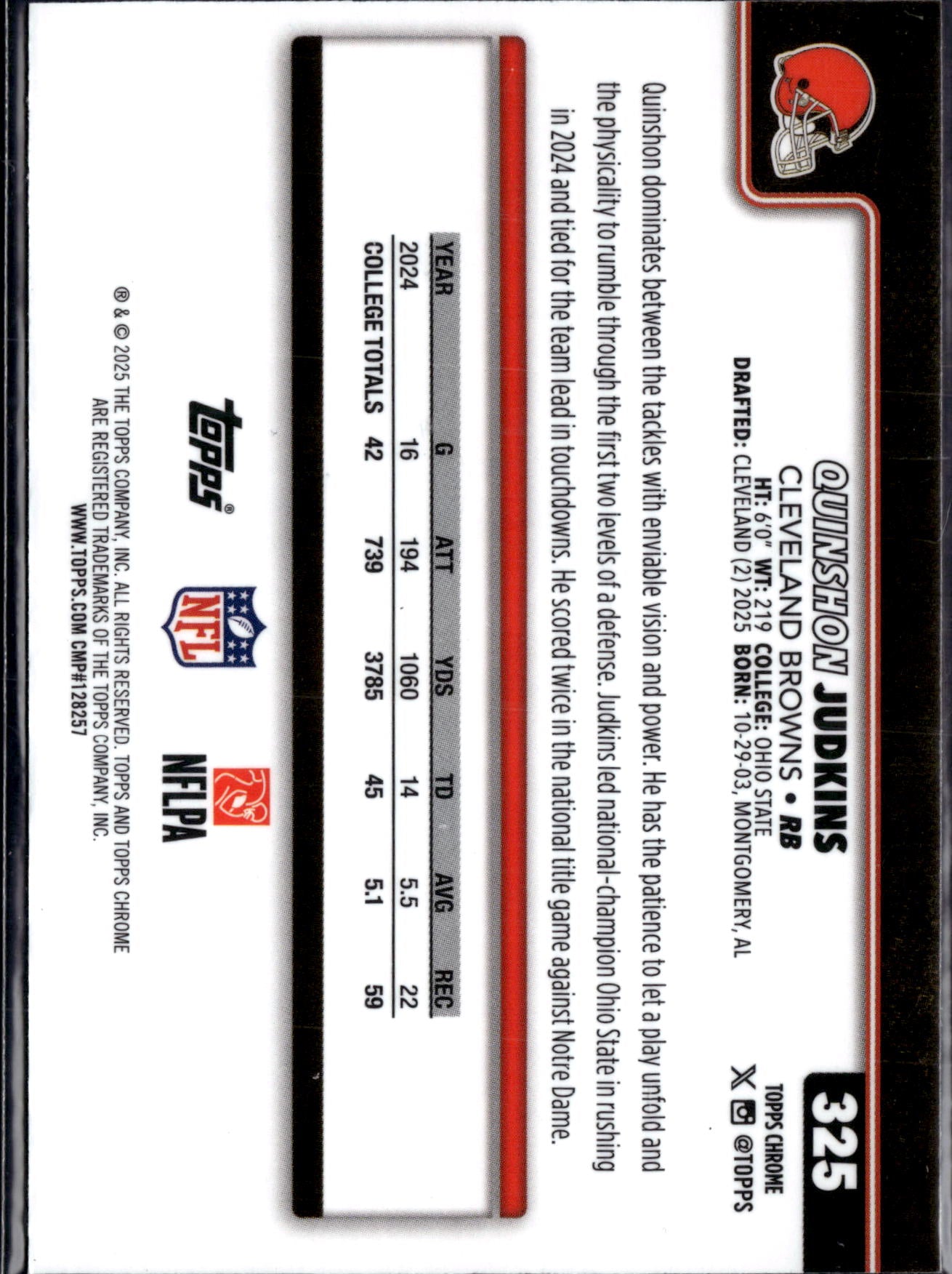 2025 Topps Chrome Football Quinshon Judkins #325 RC