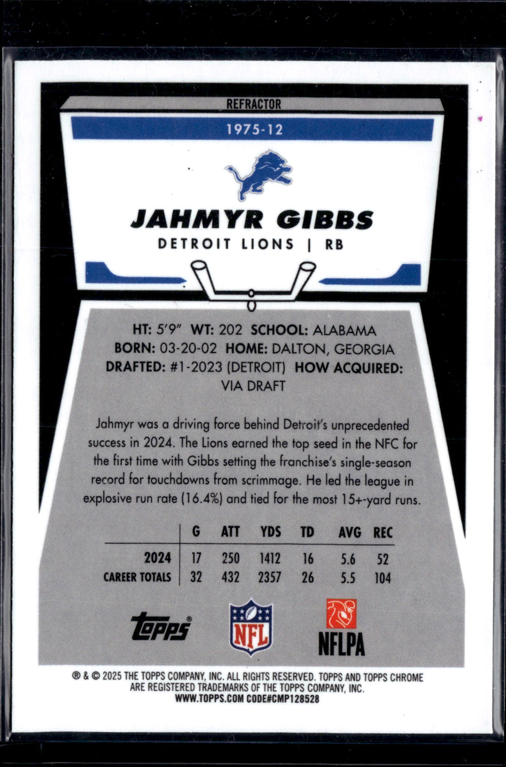 1975 2025 Topps Chrome Football Jahmyr Gibbs #1975-12 Refractor