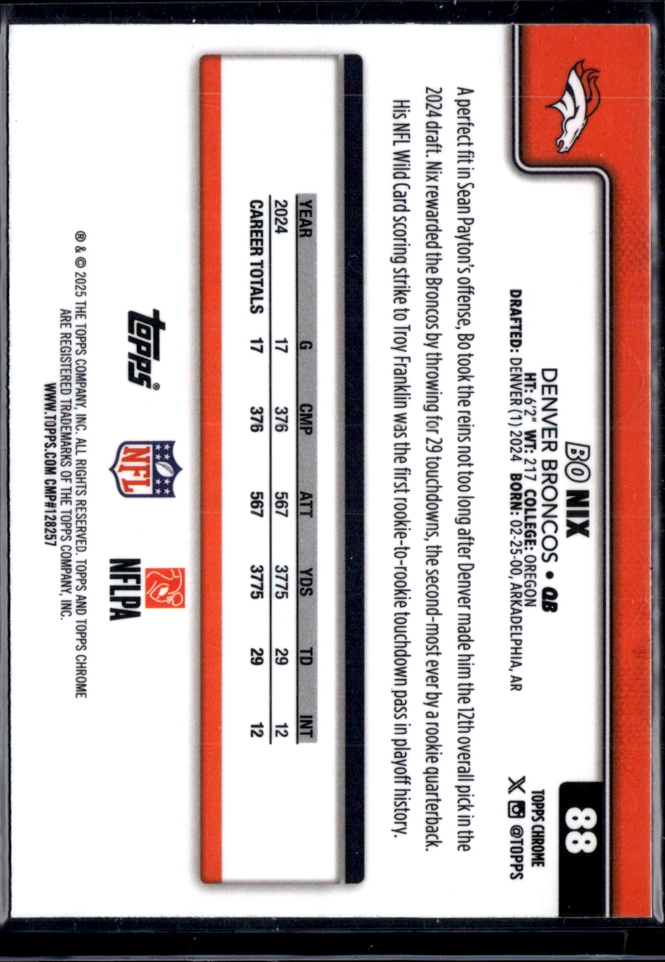 2024 2025 Topps Chrome Football Bo Nix #88