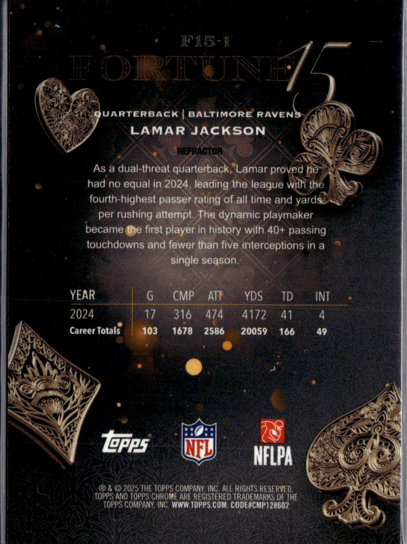 2025 Topps Chrome Football Lamar Jackson #F15-1 Refractor