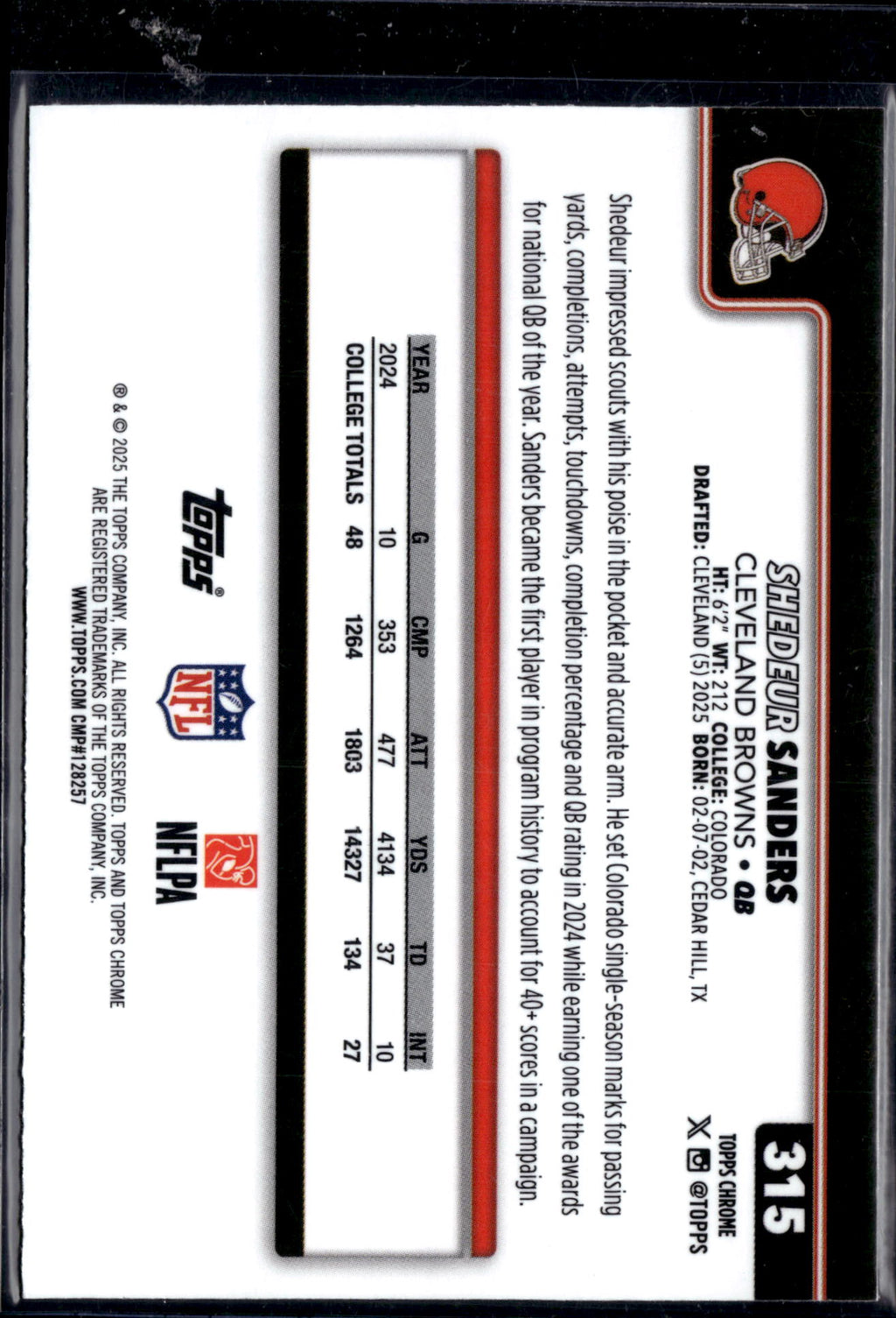 2025 Topps Chrome Football Shedeur Sanders #315 RC