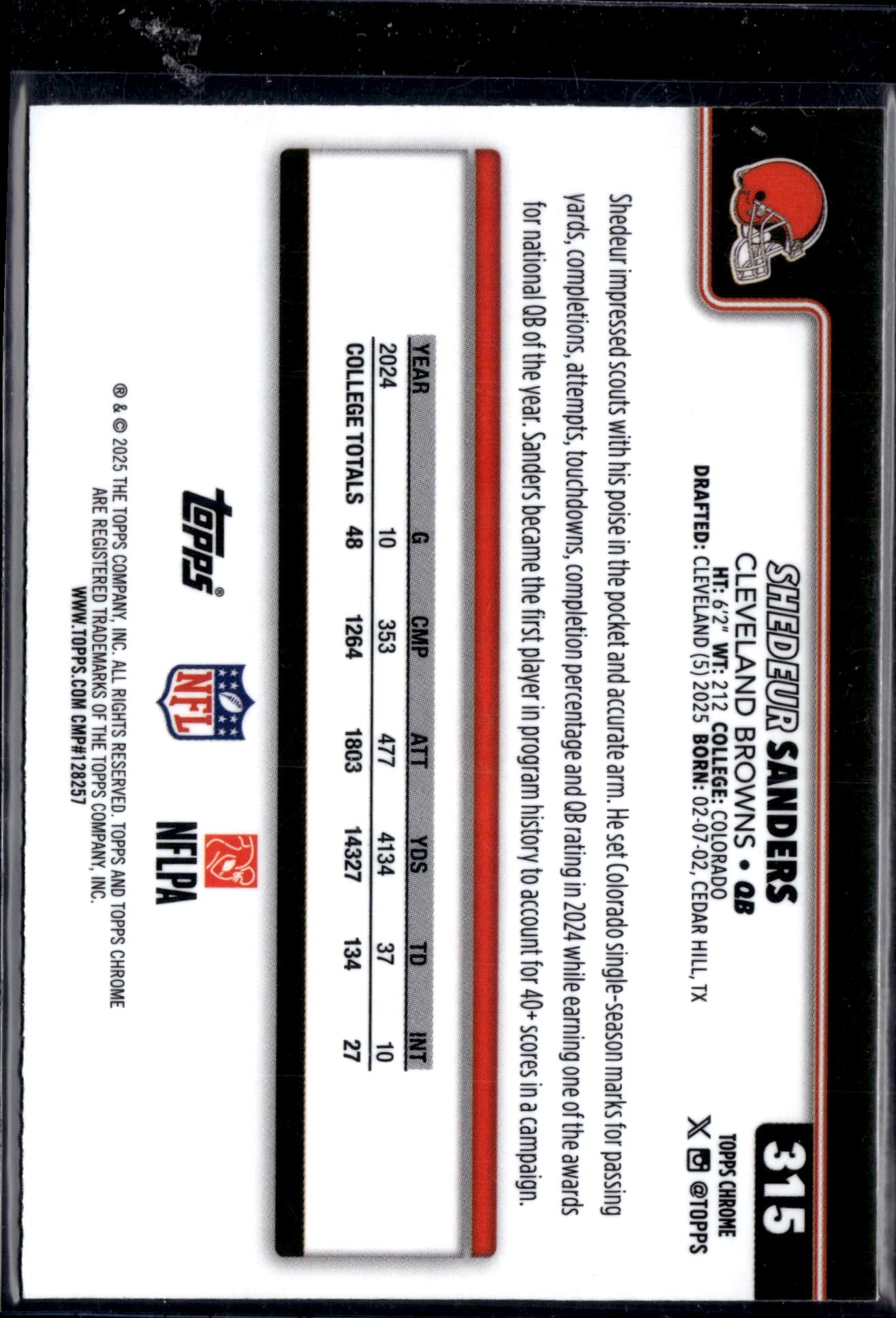 2025 Topps Chrome Football Shedeur Sanders #315 RC