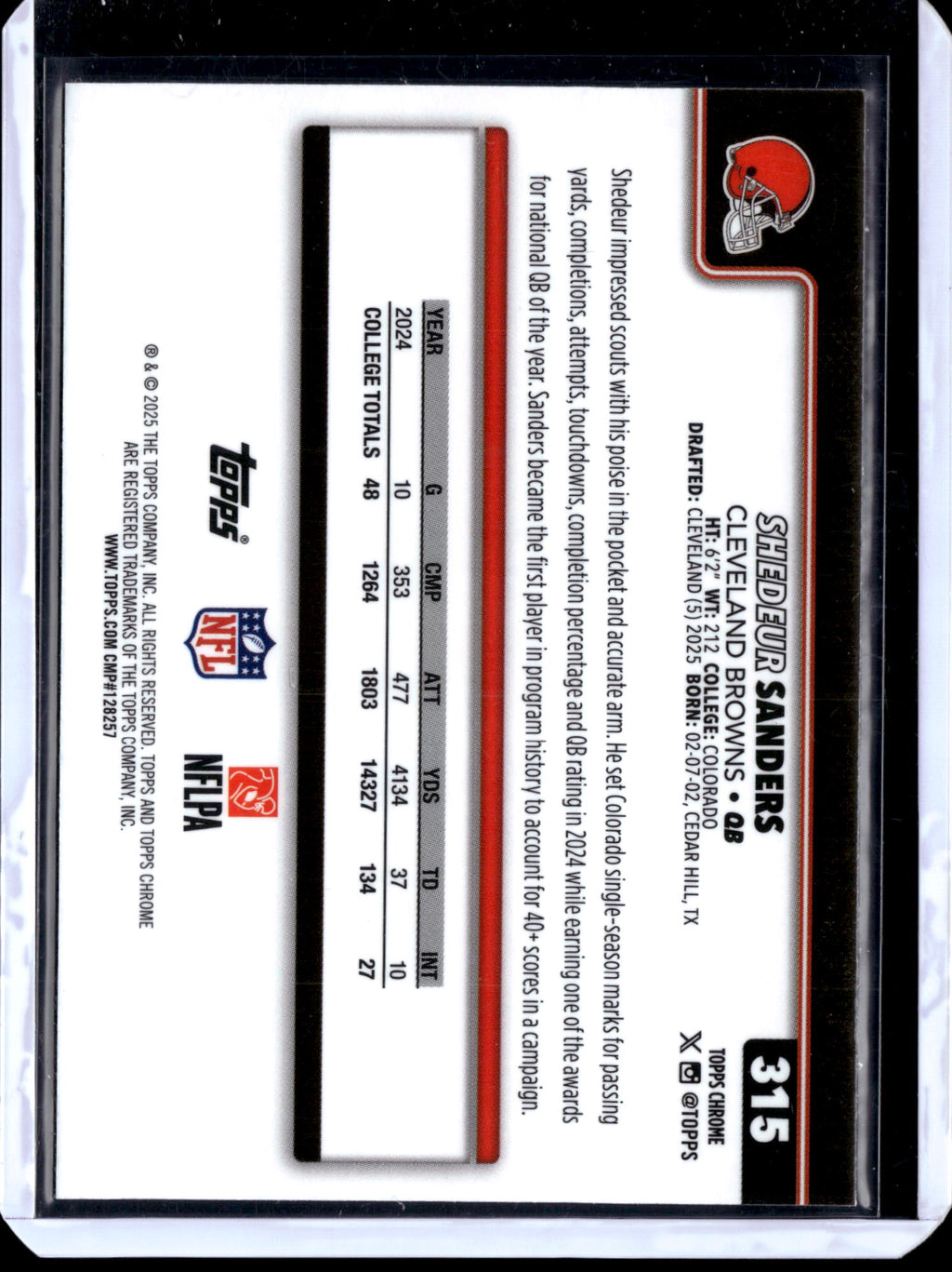 2025 Topps Chrome Football Shedeur Sanders #315 X-Fractor RC