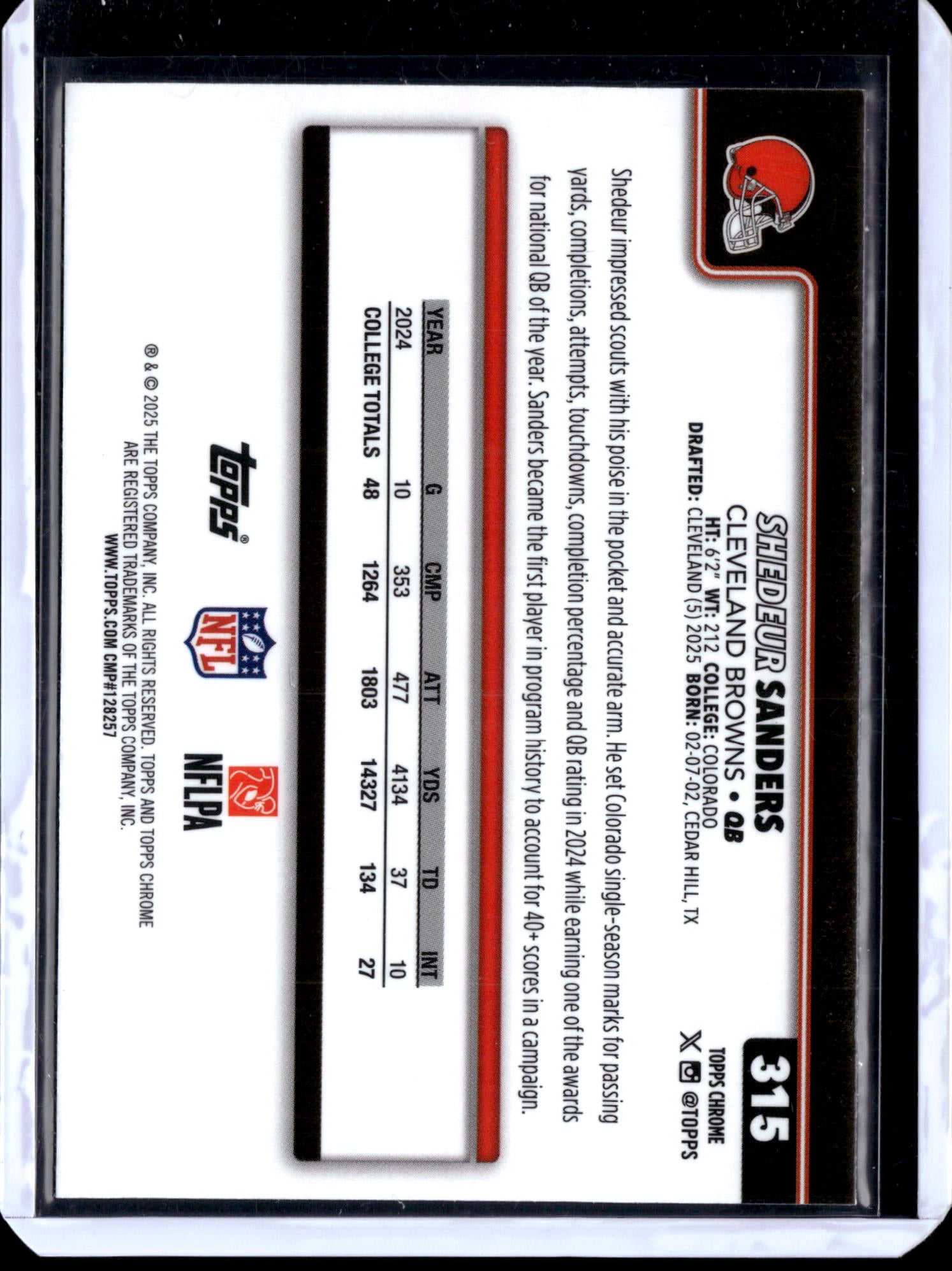 2025 Topps Chrome Football Shedeur Sanders #315 X-Fractor RC