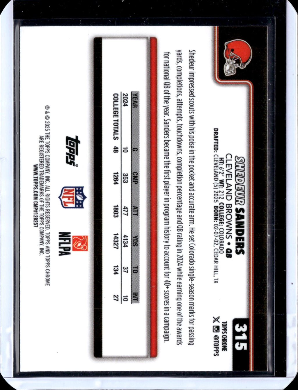2025 Topps Chrome Football Shedeur Sanders #315