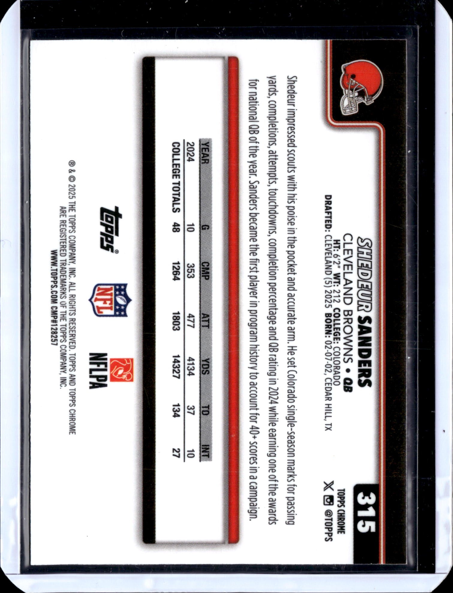 2025 Topps Chrome Football Shedeur Sanders #315