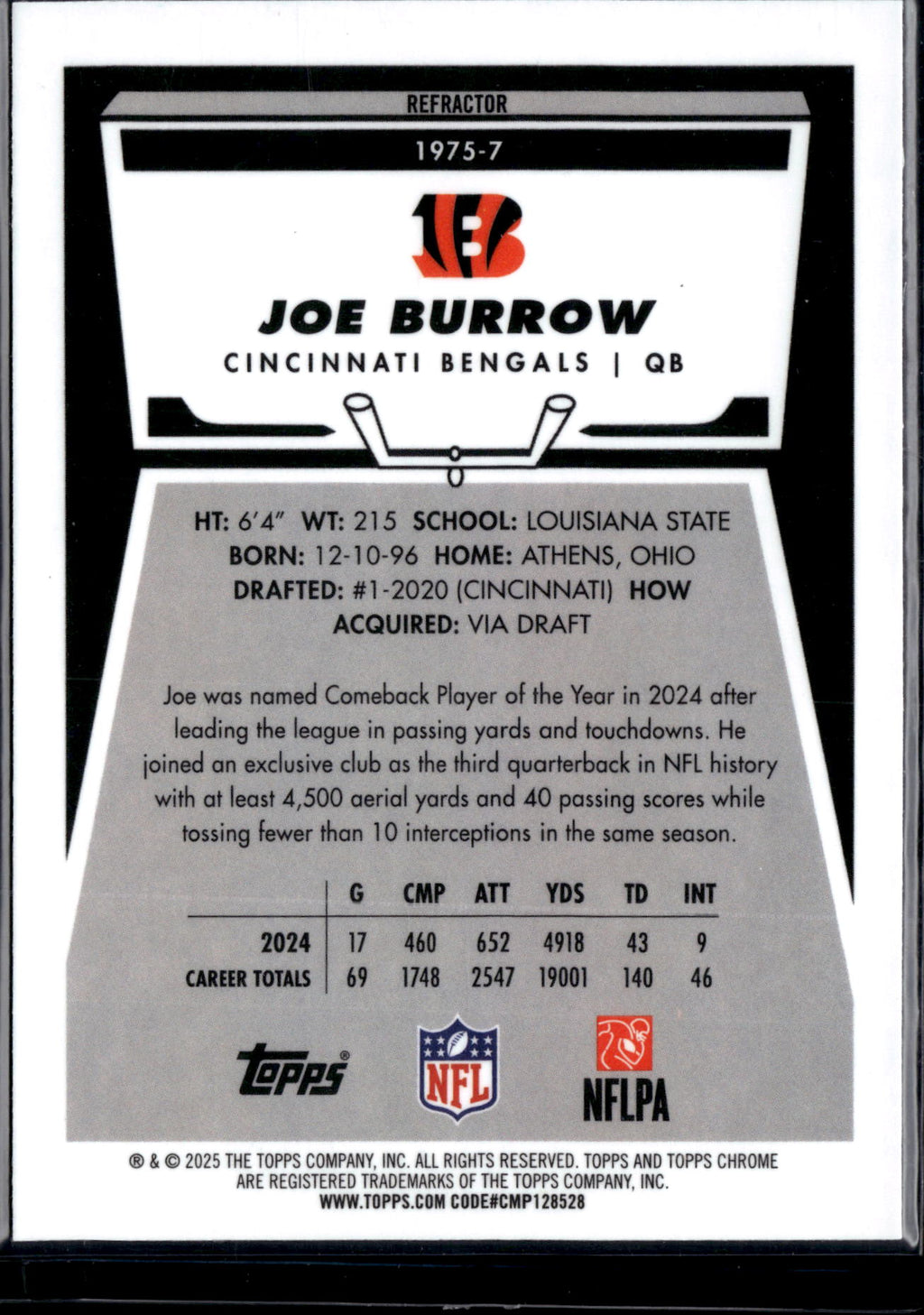 1975 2025 Topps Chrome Football Joe Burrow #1975-7 Refractor