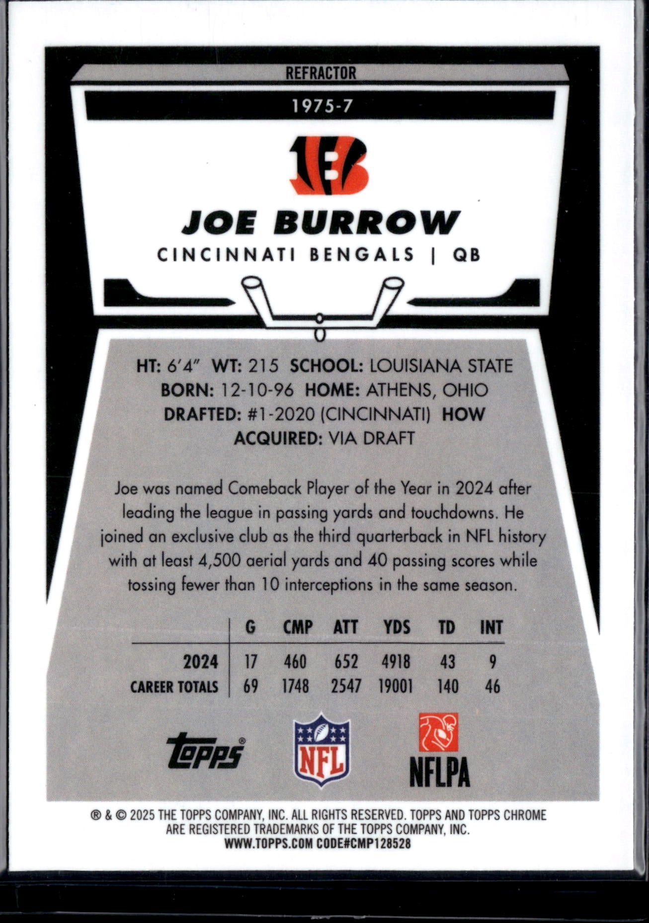 1975 2025 Topps Chrome Football Joe Burrow #1975-7 Refractor