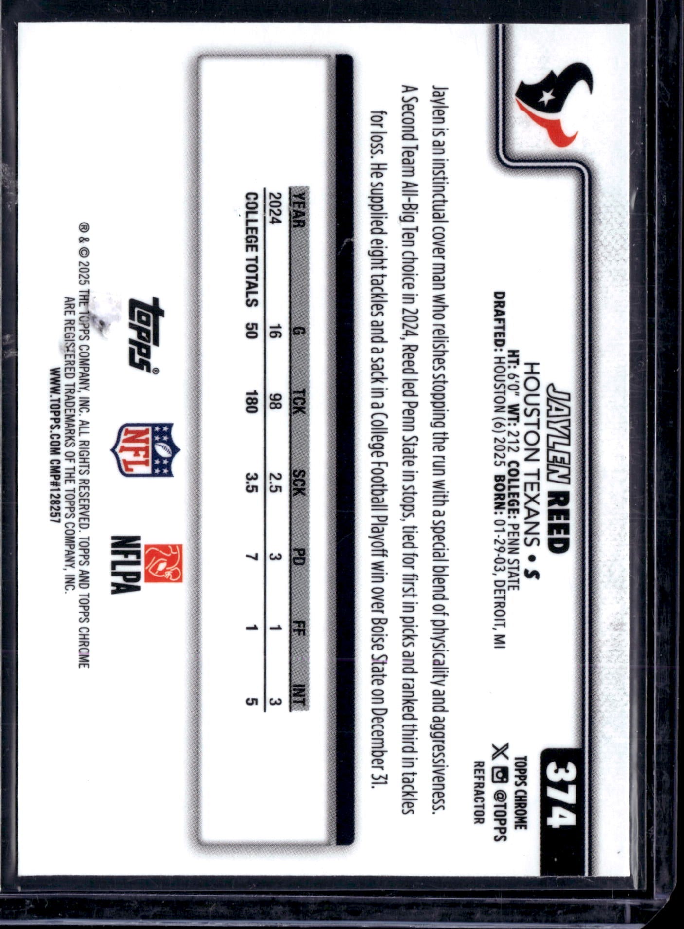 2025 Topps Chrome Football Jaylen Reed #374 Refractor RC