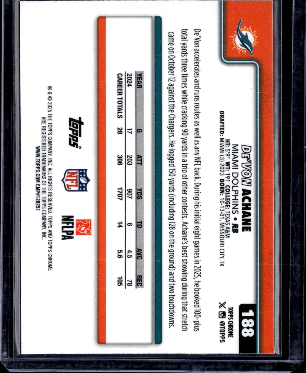 2025 Topps Chrome Football De'Von Achane #188 Wave Refractor
