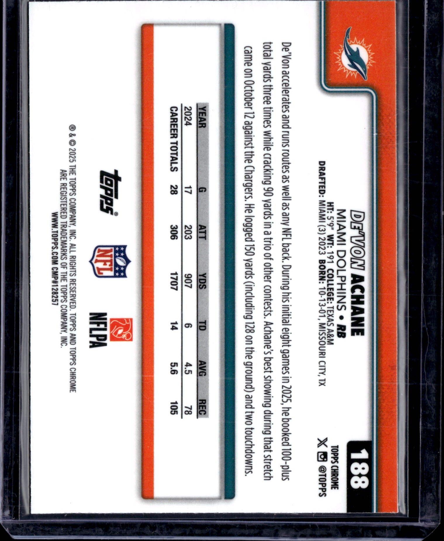 2025 Topps Chrome Football De'Von Achane #188 Wave Refractor