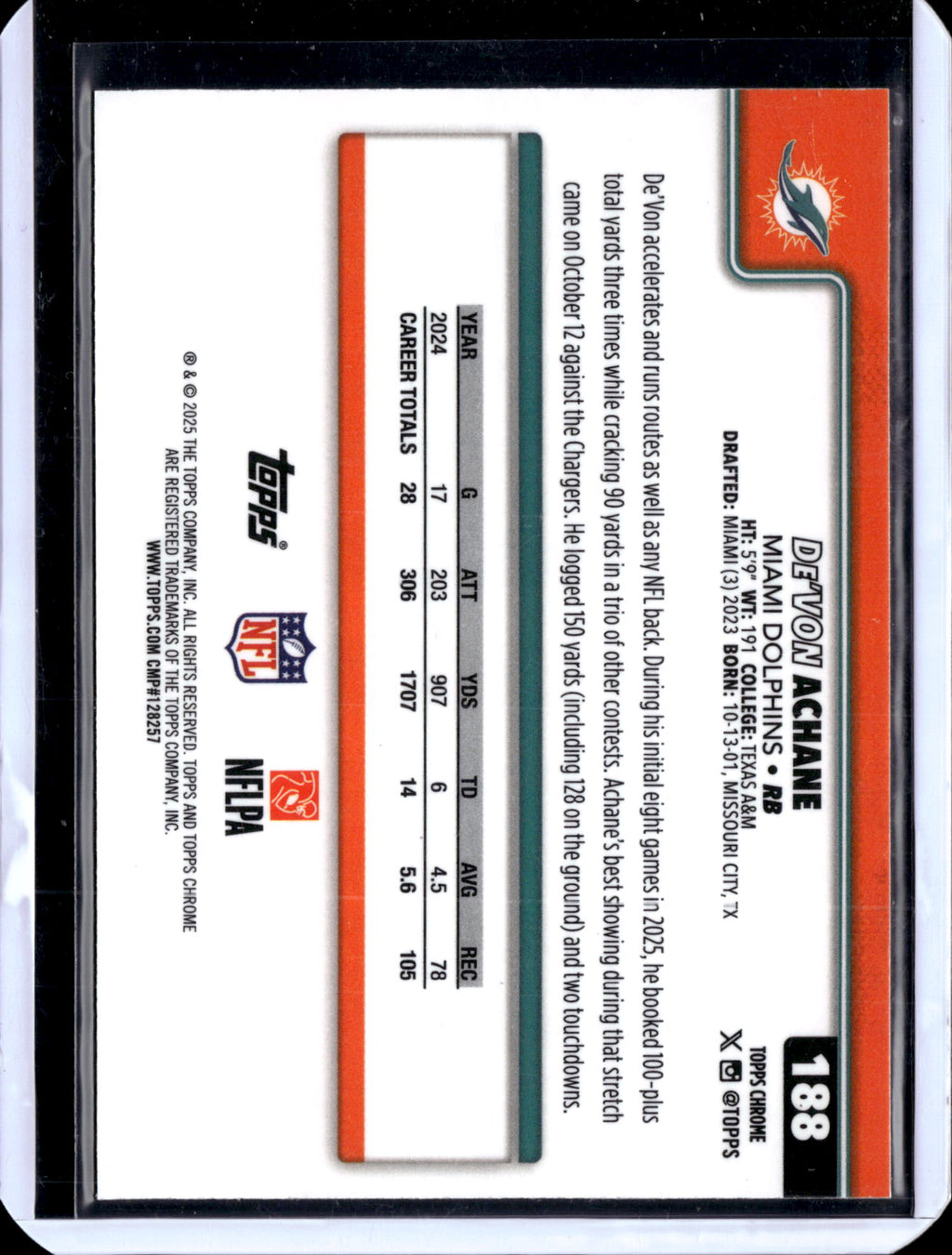 2025 Topps Chrome Football De'Von Achane #188 RayWave