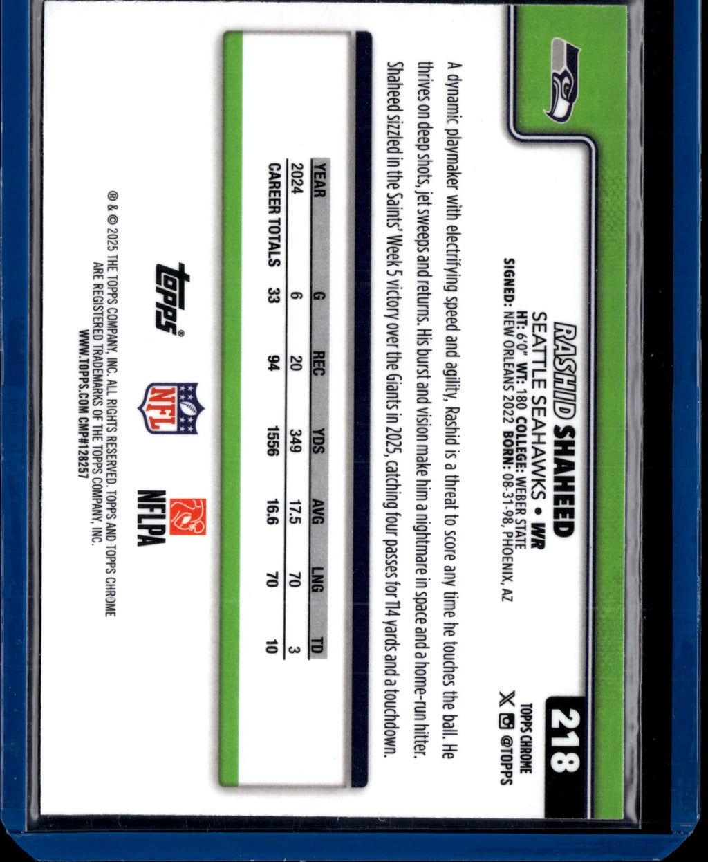 2025 Topps Chrome Football Rashid Shaheed #218 Refractor