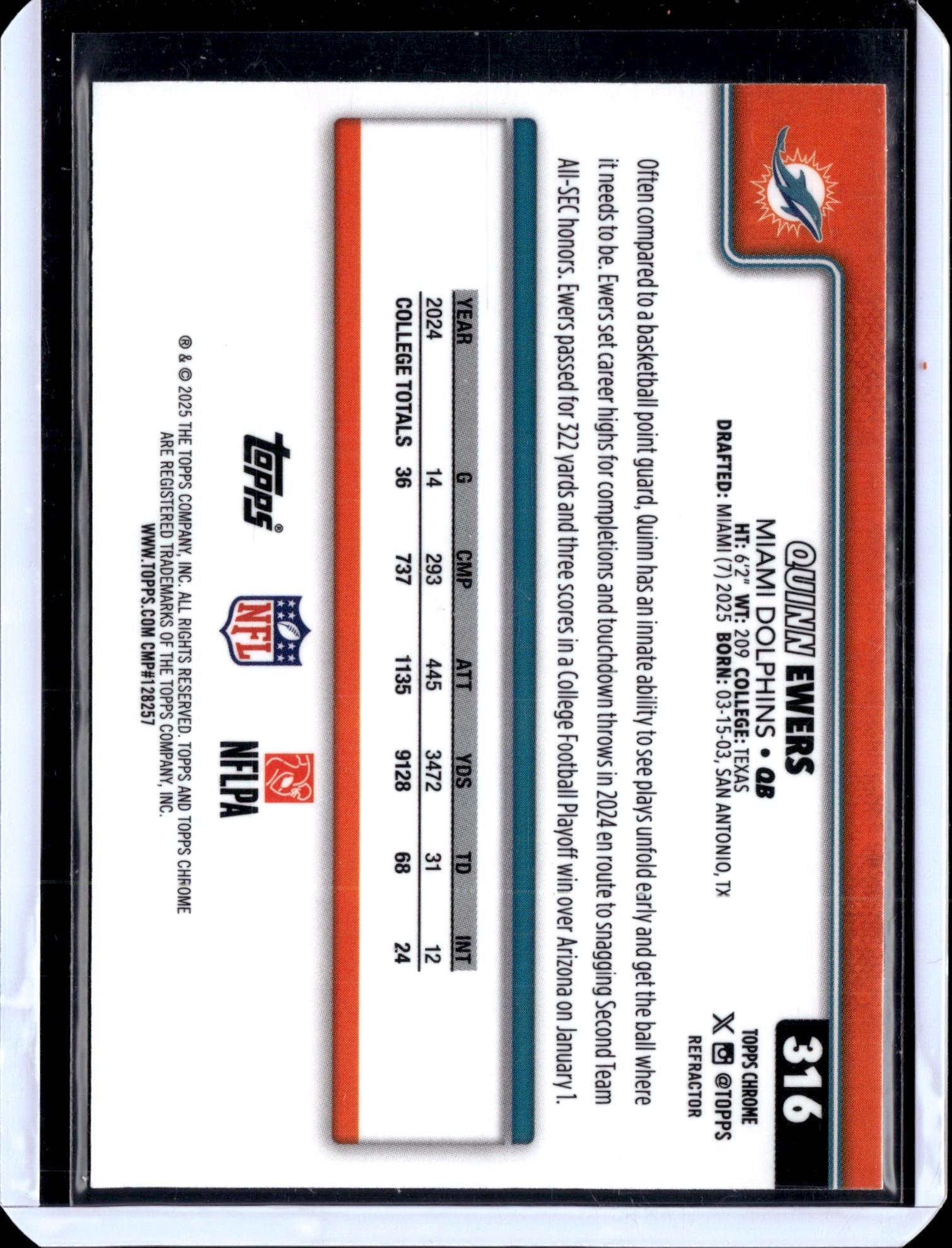 2025 Topps Chrome Football Quinn Ewers #316 Refractor RC