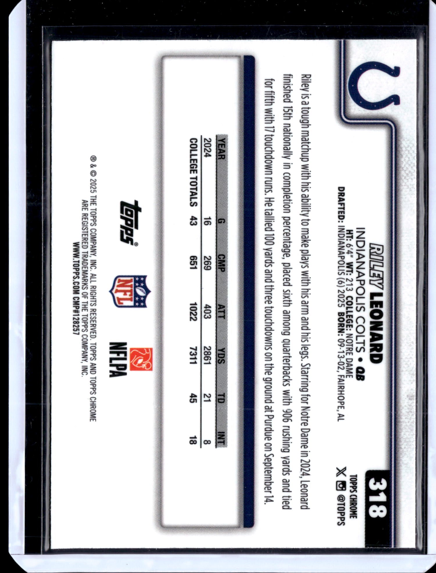2025 Topps Chrome Football Riley Leonard #318 Prizm RC
