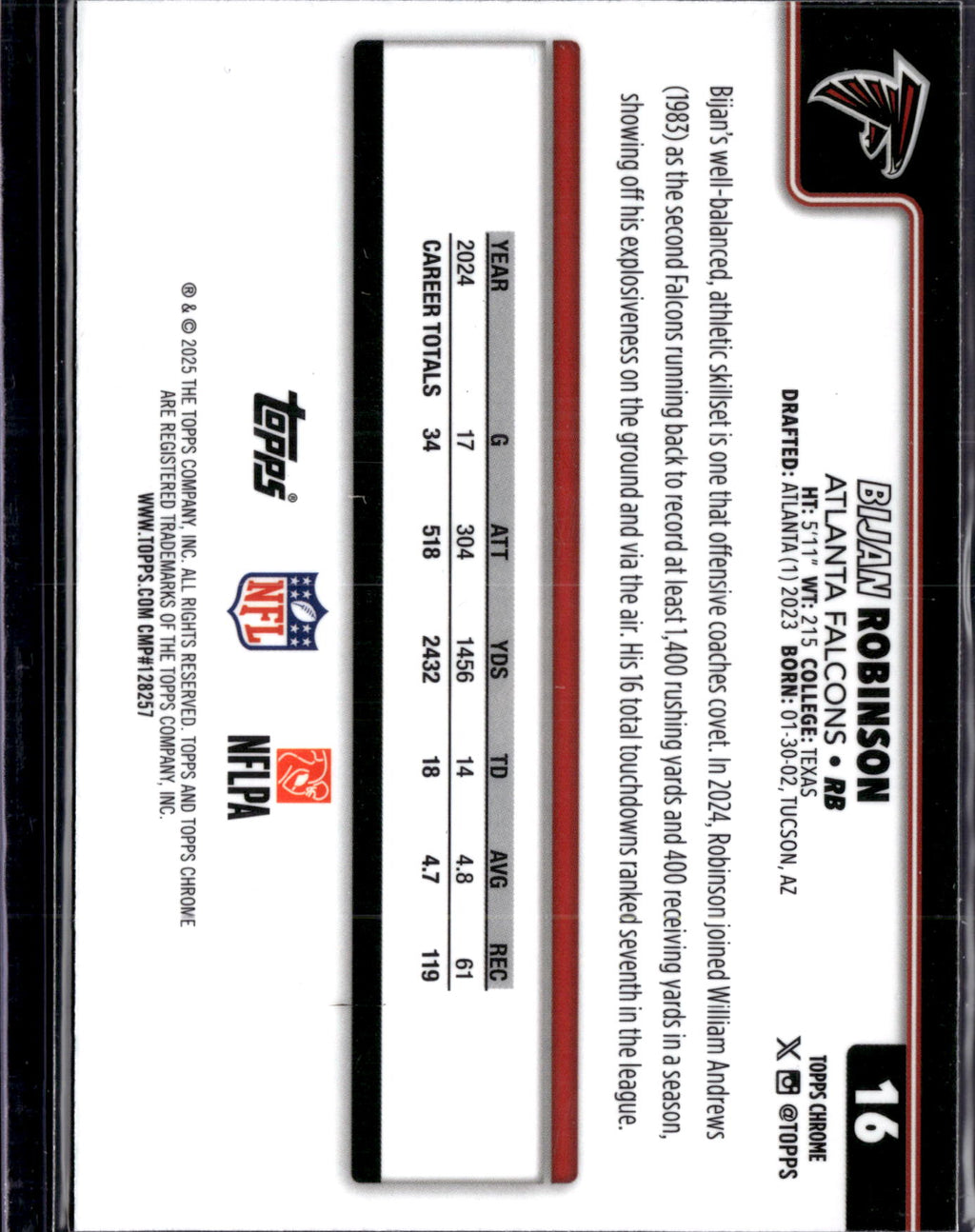 2025 Topps Chrome Football Bijan Robinson #16 Pulsar Refractor