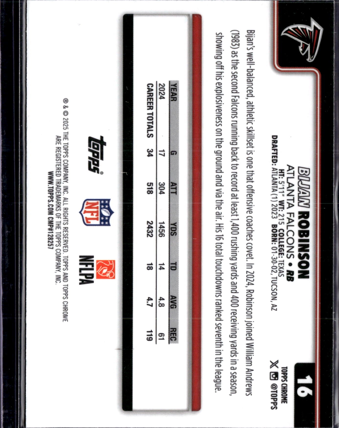 2025 Topps Chrome Football Bijan Robinson #16 Pulsar Refractor