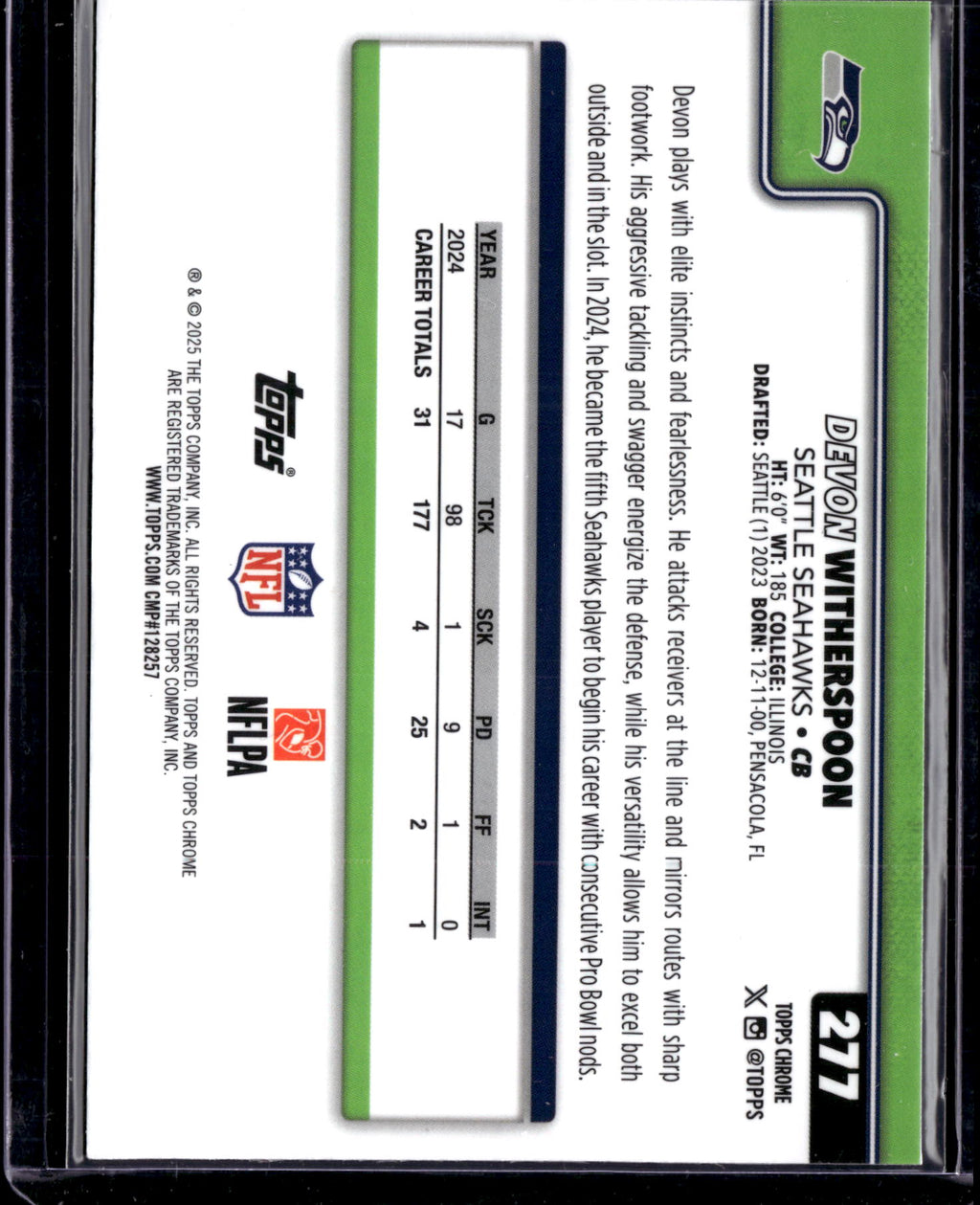 2025 Topps Chrome Football Devon Witherspoon #277