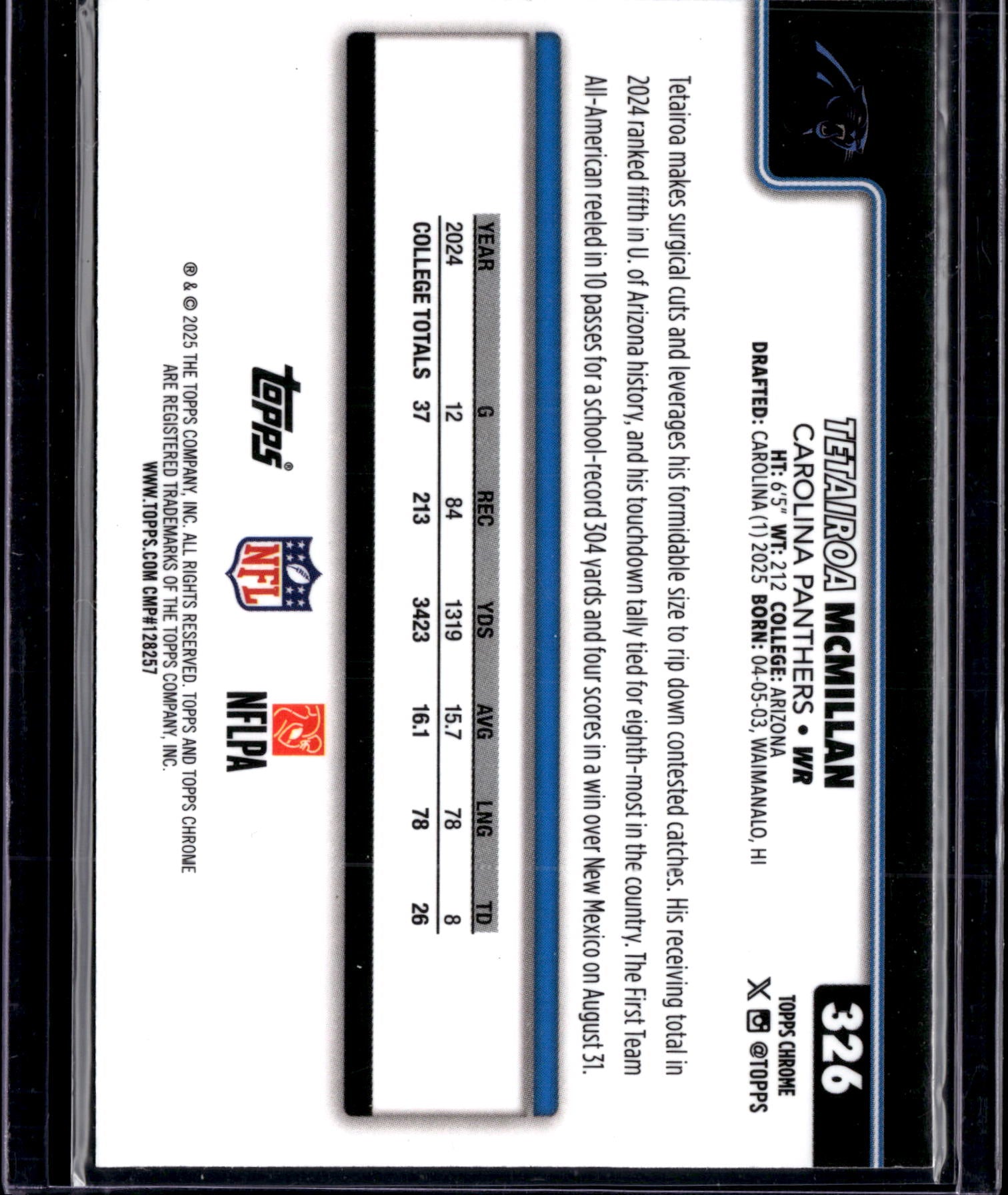 2025 Topps Chrome Football Tetairoa McMillan #326 RC