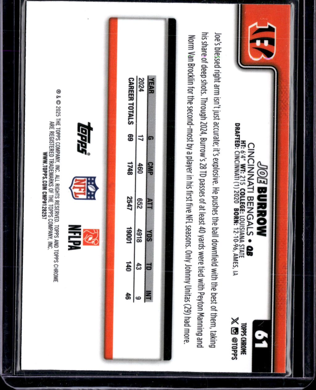 2025 Topps Chrome Football Joe Burrow #61 Prizm