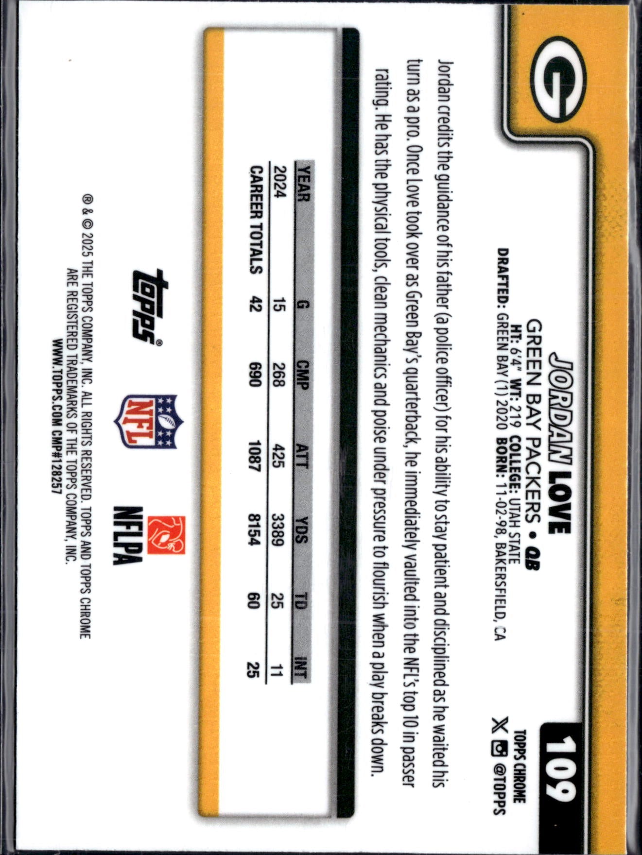 2025 Topps Chrome Football Jordan Love #109 Prizm