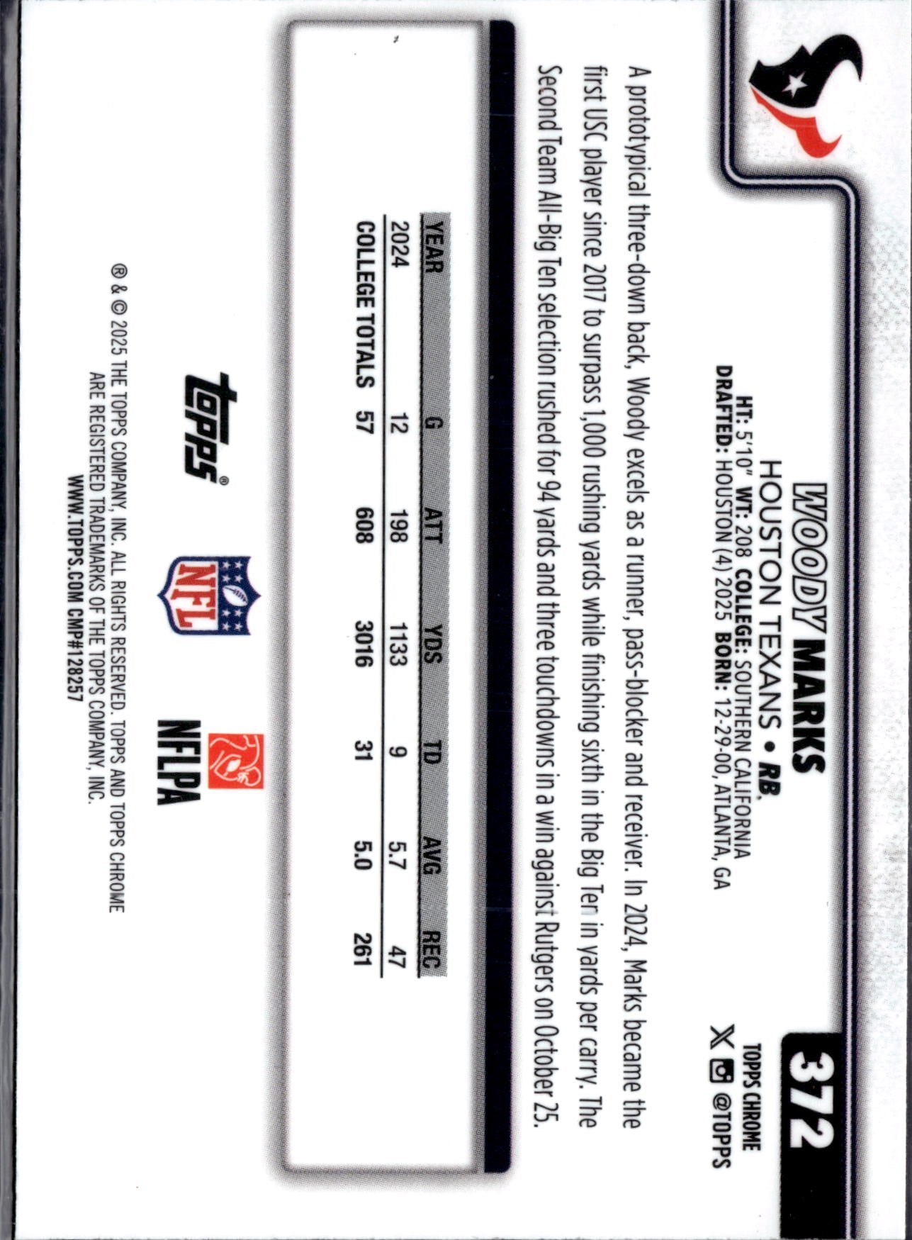 2025 Topps Chrome Football Woody Marks #372 Prizm RC