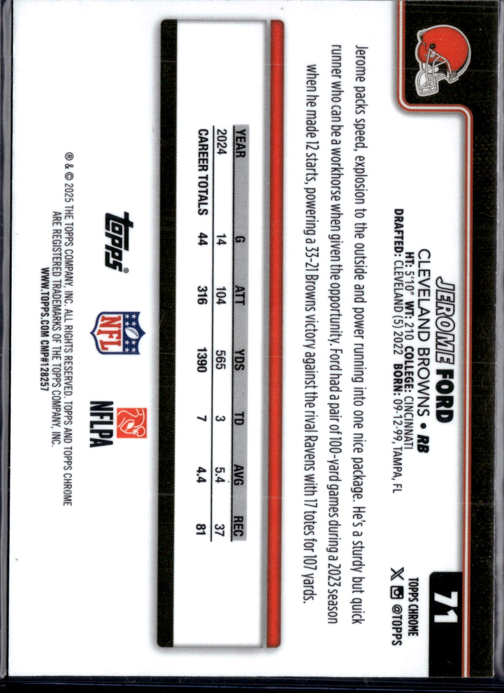 2025 Topps Chrome Football Jerome Ford #71 Red Prizm