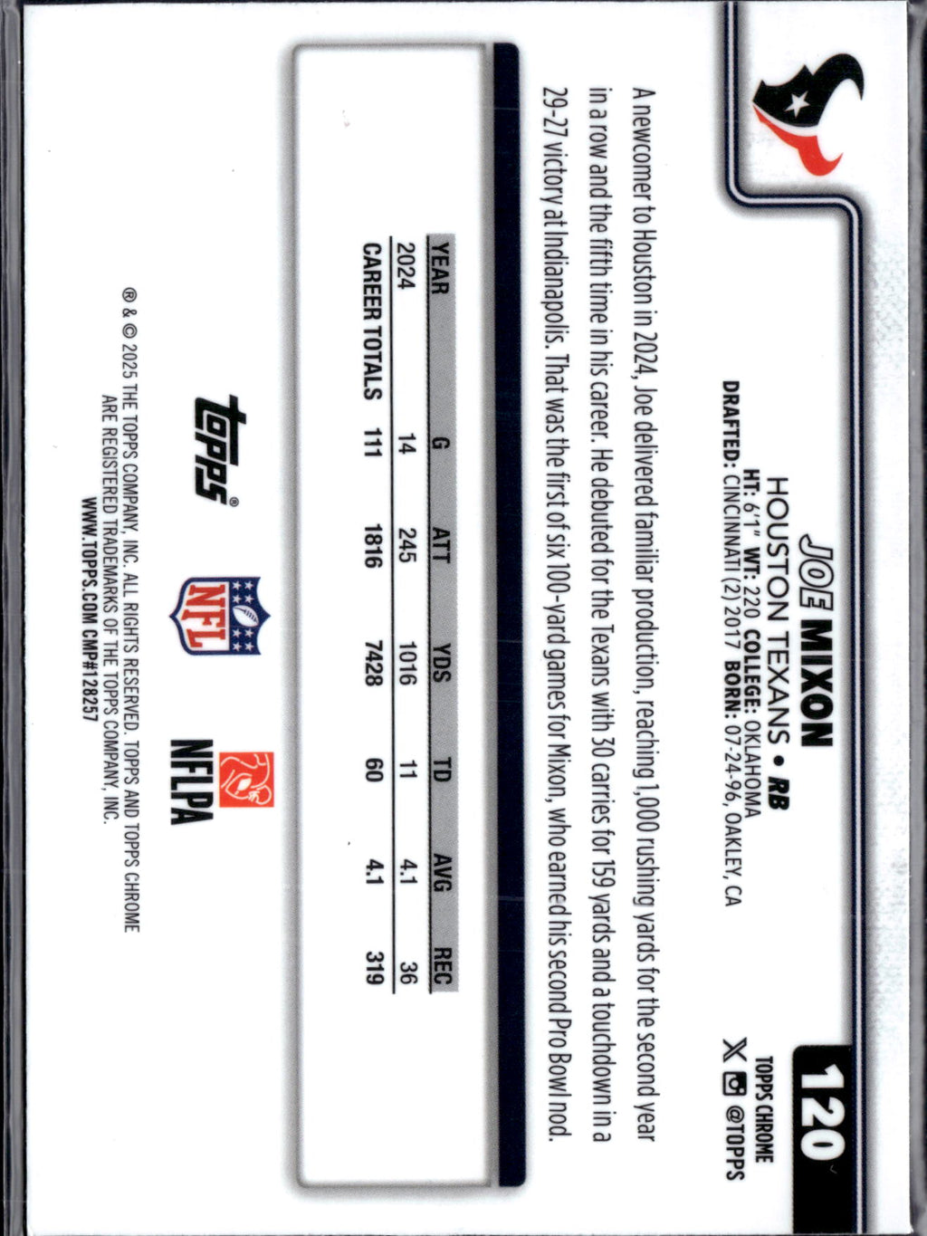 2025 Topps Chrome Football Joe Mixon #120 Red Prizm