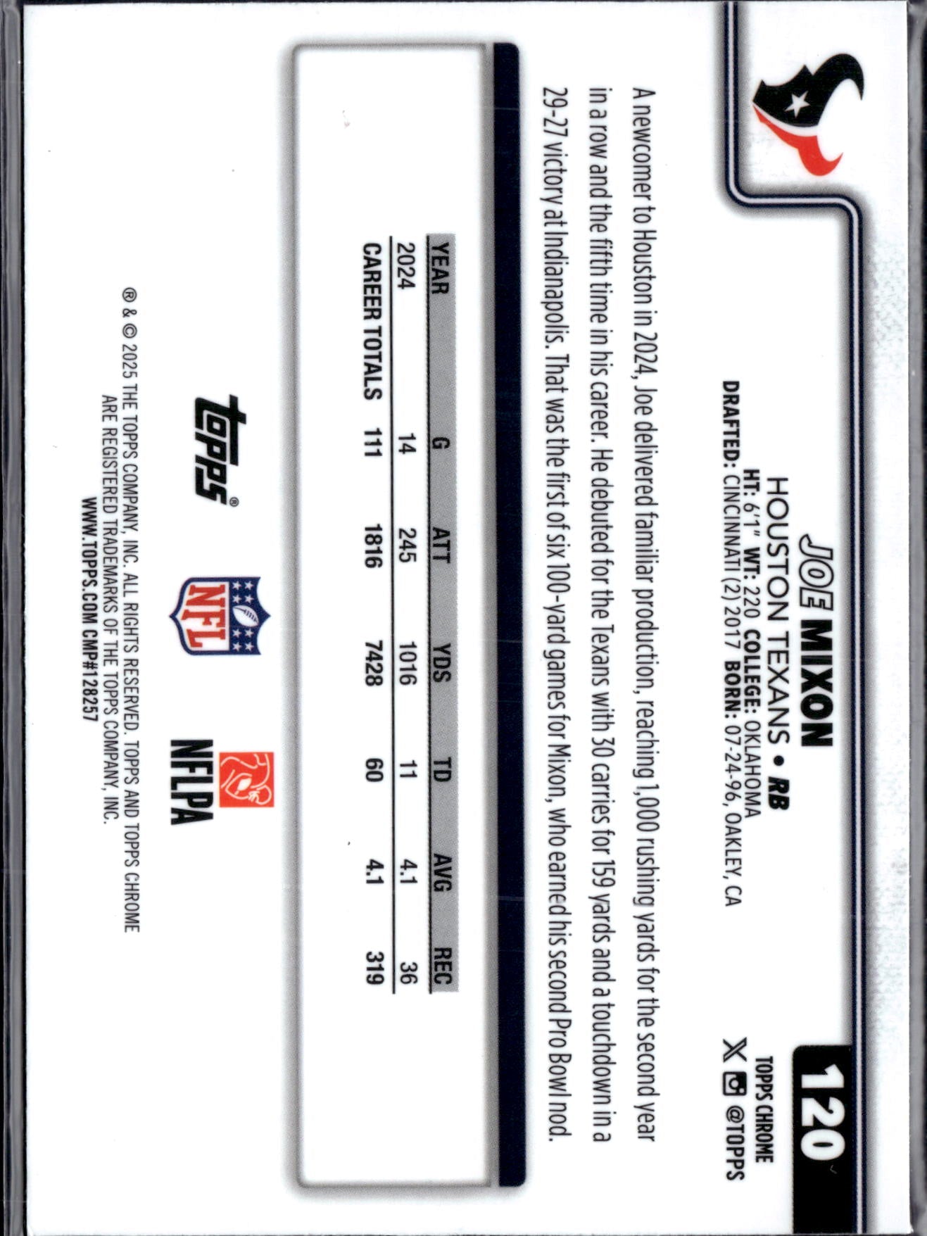 2025 Topps Chrome Football Joe Mixon #120 Red Prizm