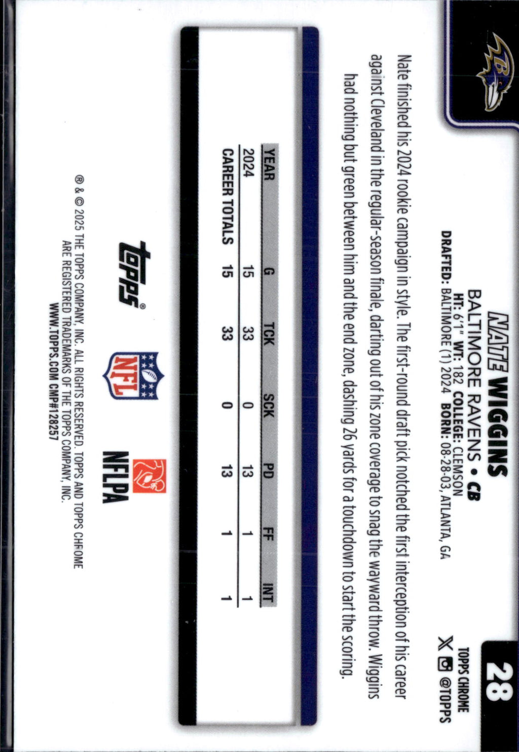 2025 Topps Chrome Football Nate Wiggins #28