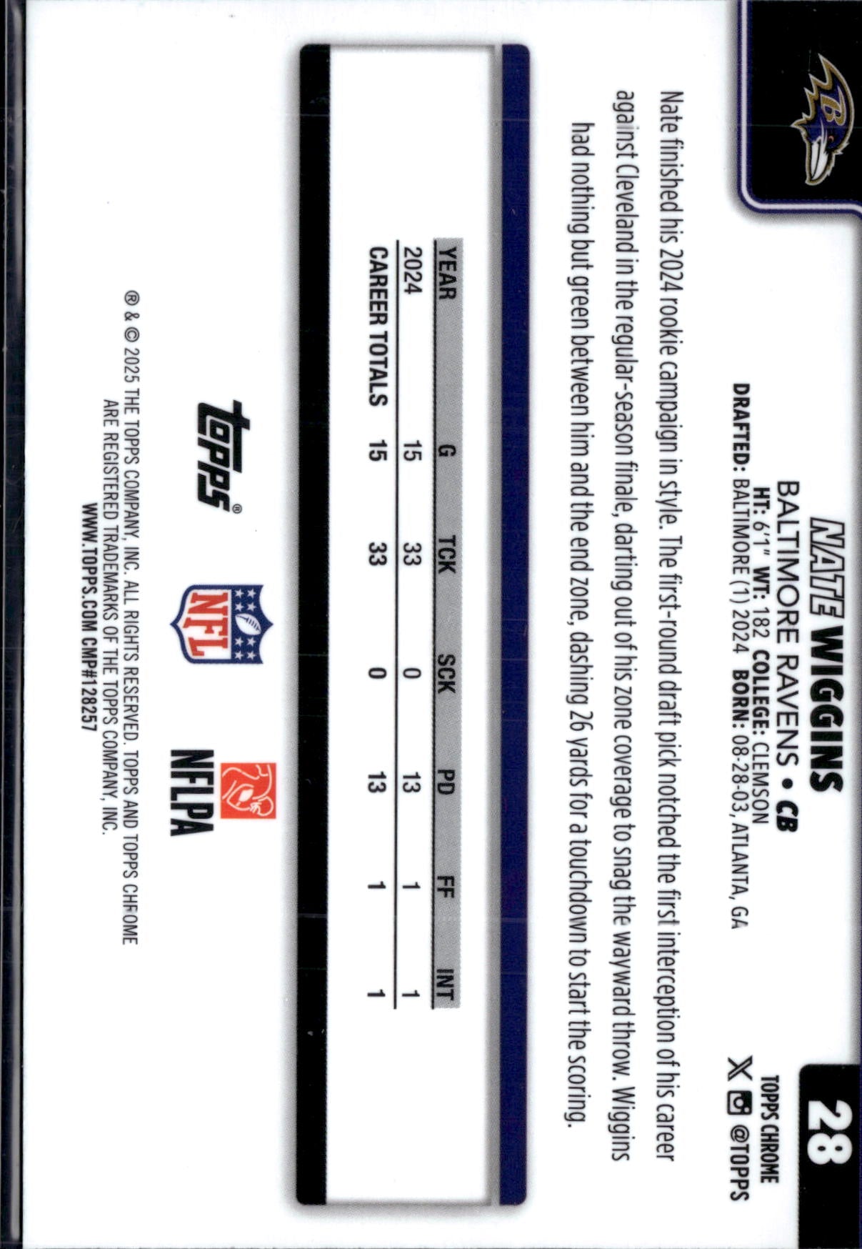 2025 Topps Chrome Football Nate Wiggins #28