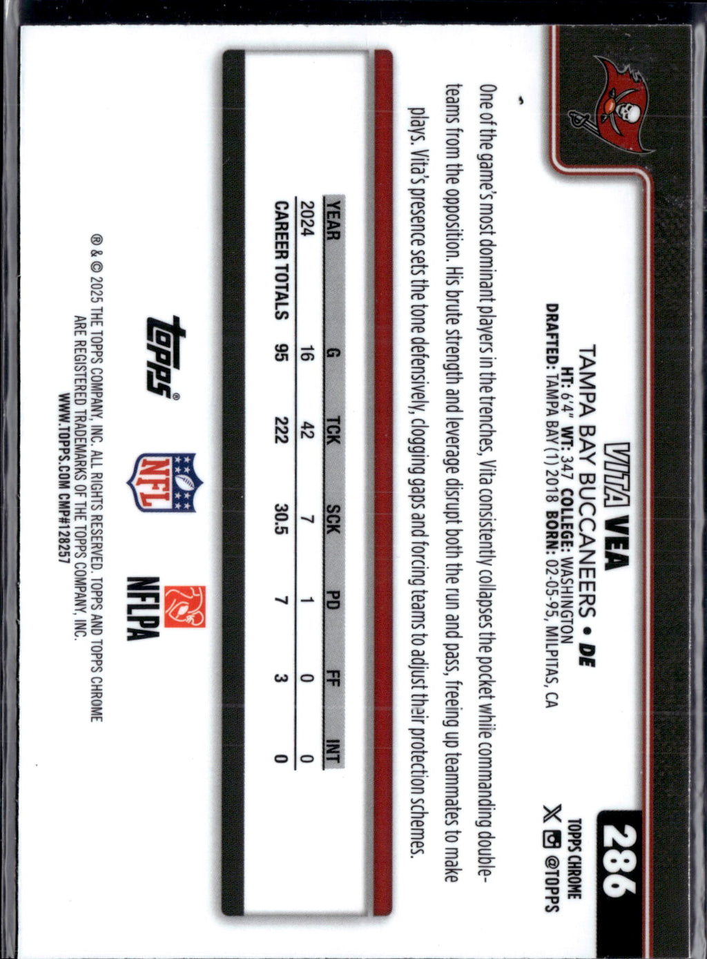 2025 Topps Chrome Football Vita Vea #286 Red Football Skin Refractor
