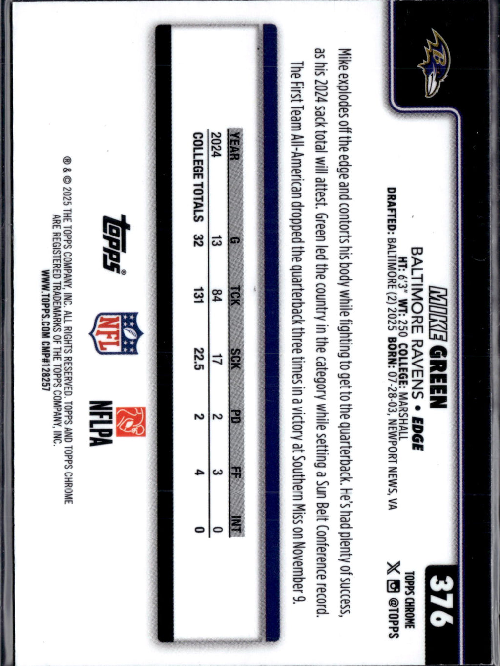 2025 Topps Chrome Football Mike Green #376 RC