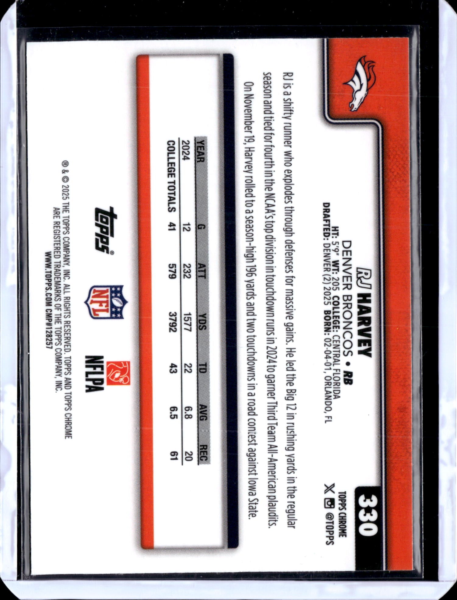 2025 Topps Chrome Football RJ Harvey #330 RC