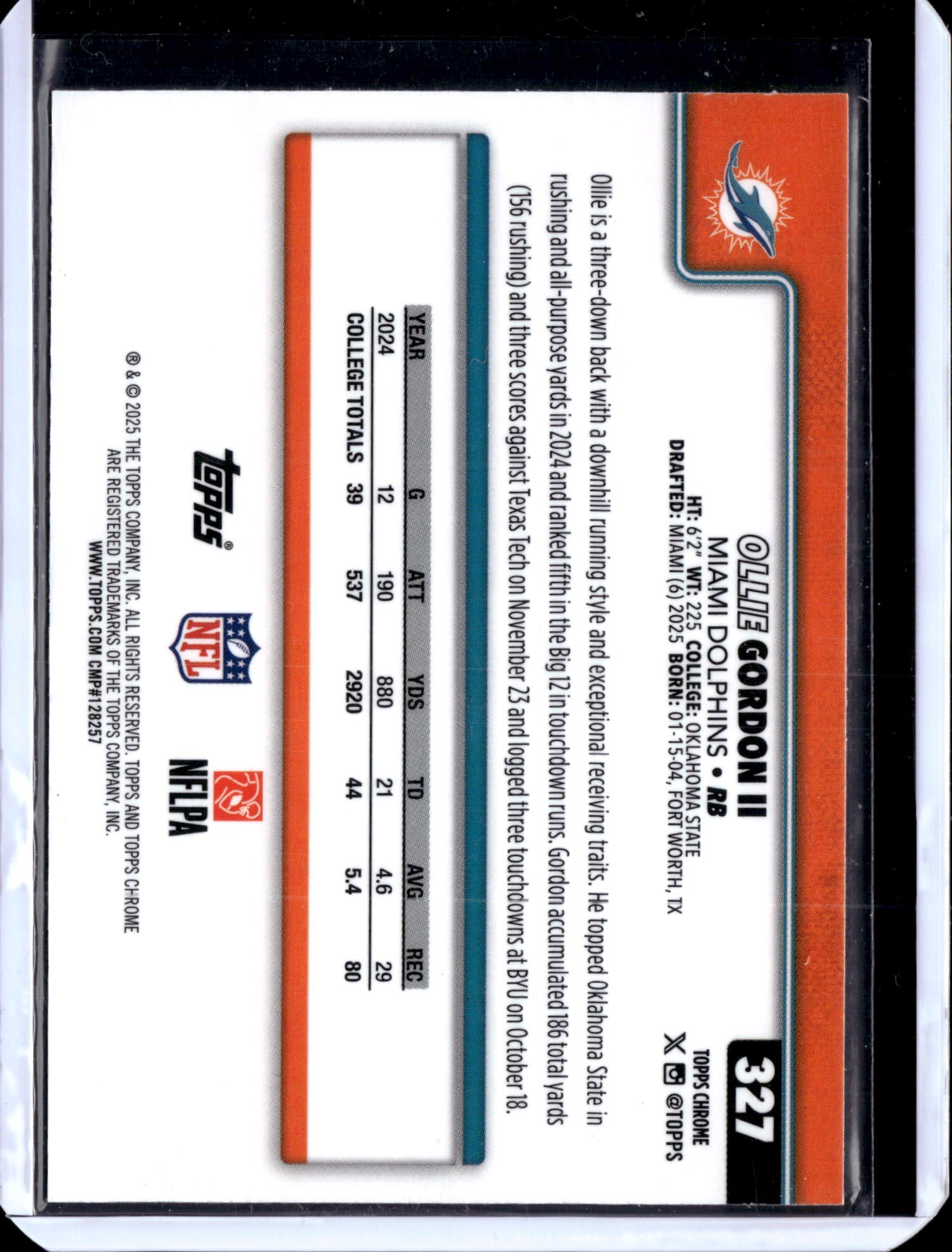 2025 Topps Chrome Football Ollie Gordon II #327 Red Football Texture RC