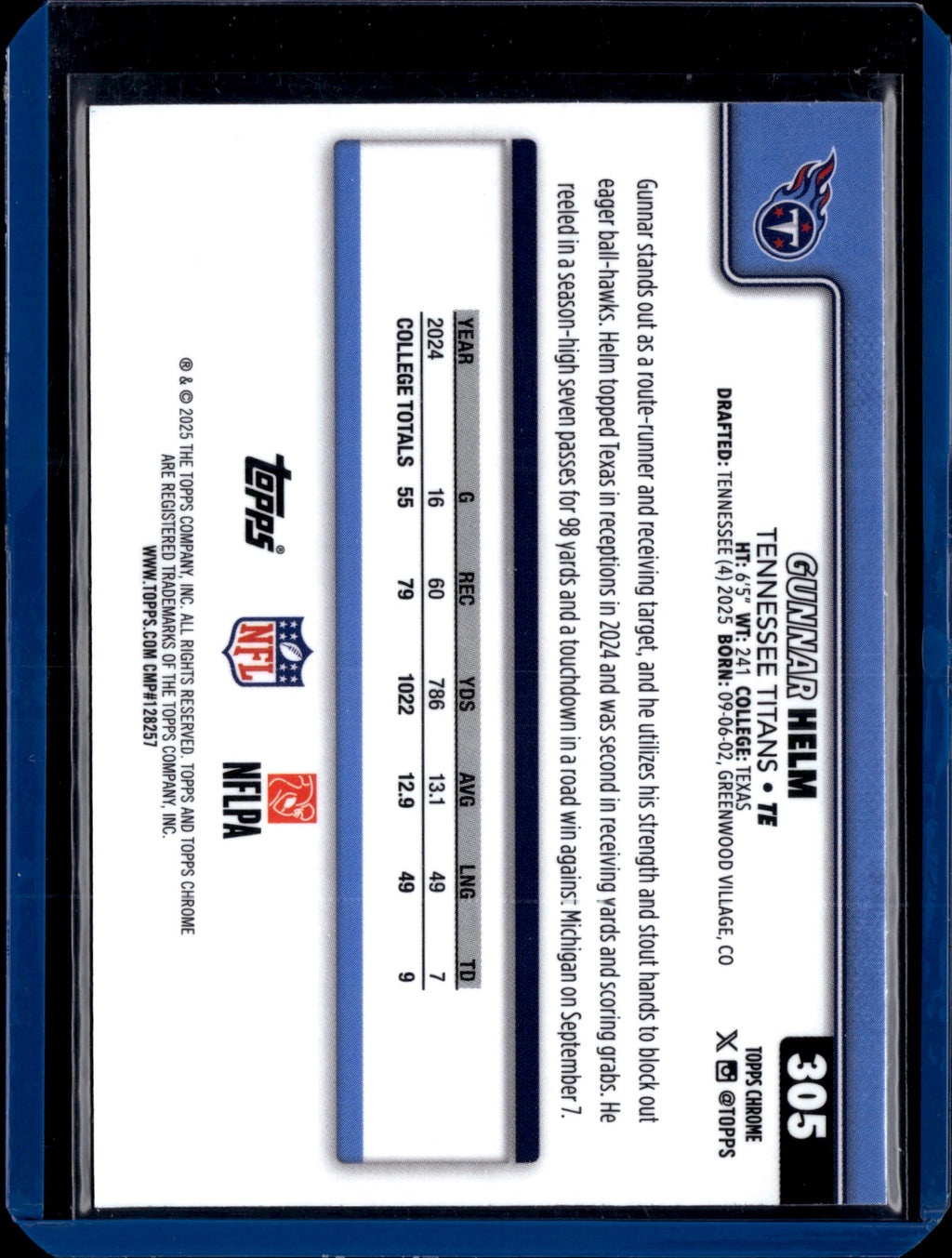 2025 Topps Chrome Football Gunnar Helm #305 Football Texture RC