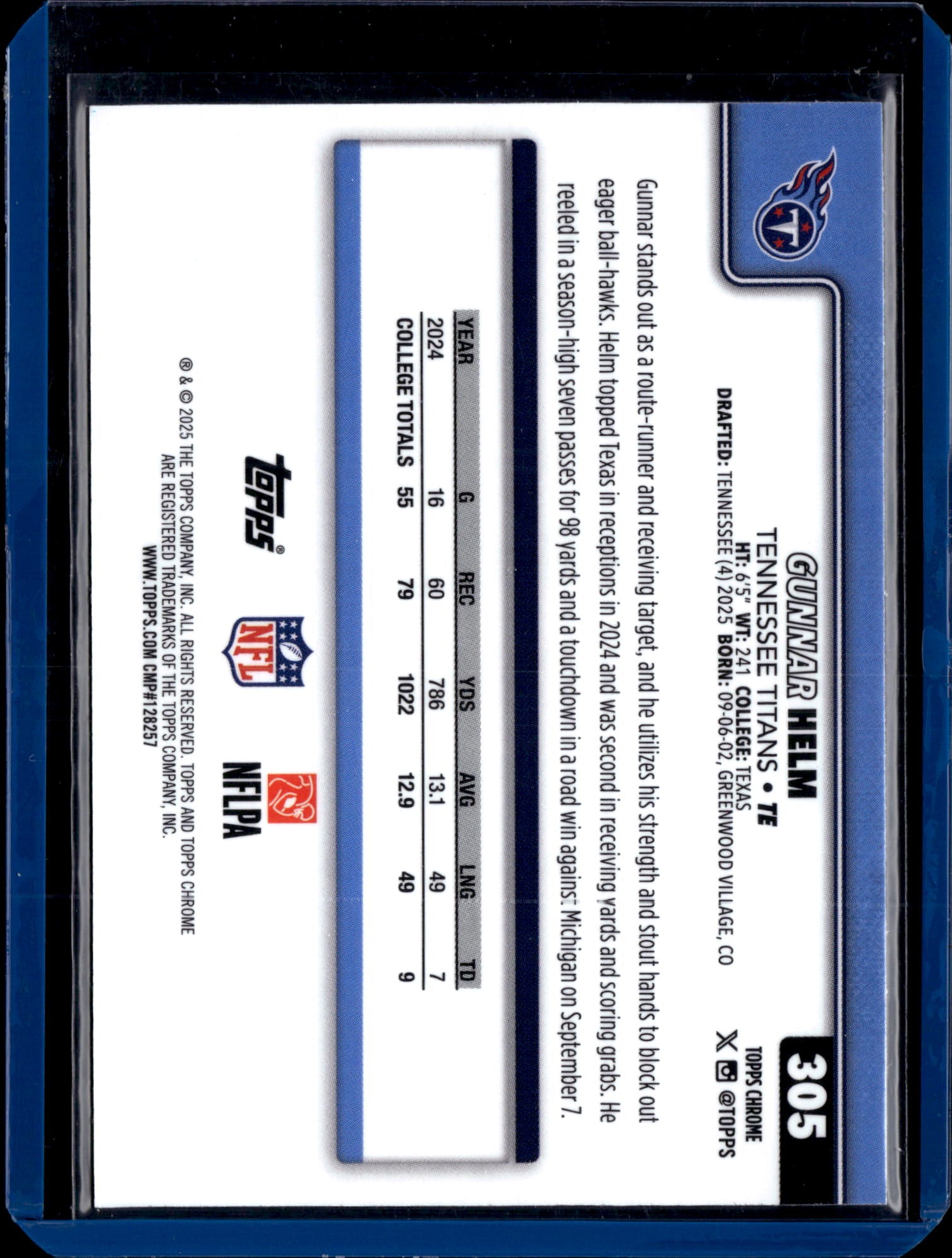 2025 Topps Chrome Football Gunnar Helm #305 Football Texture RC