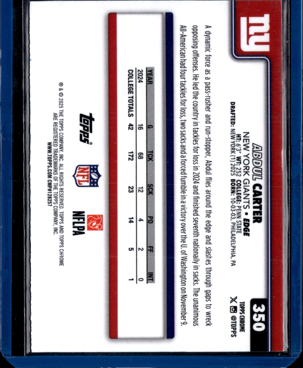 2025 Topps Chrome Football Abdul Carter #350 RC