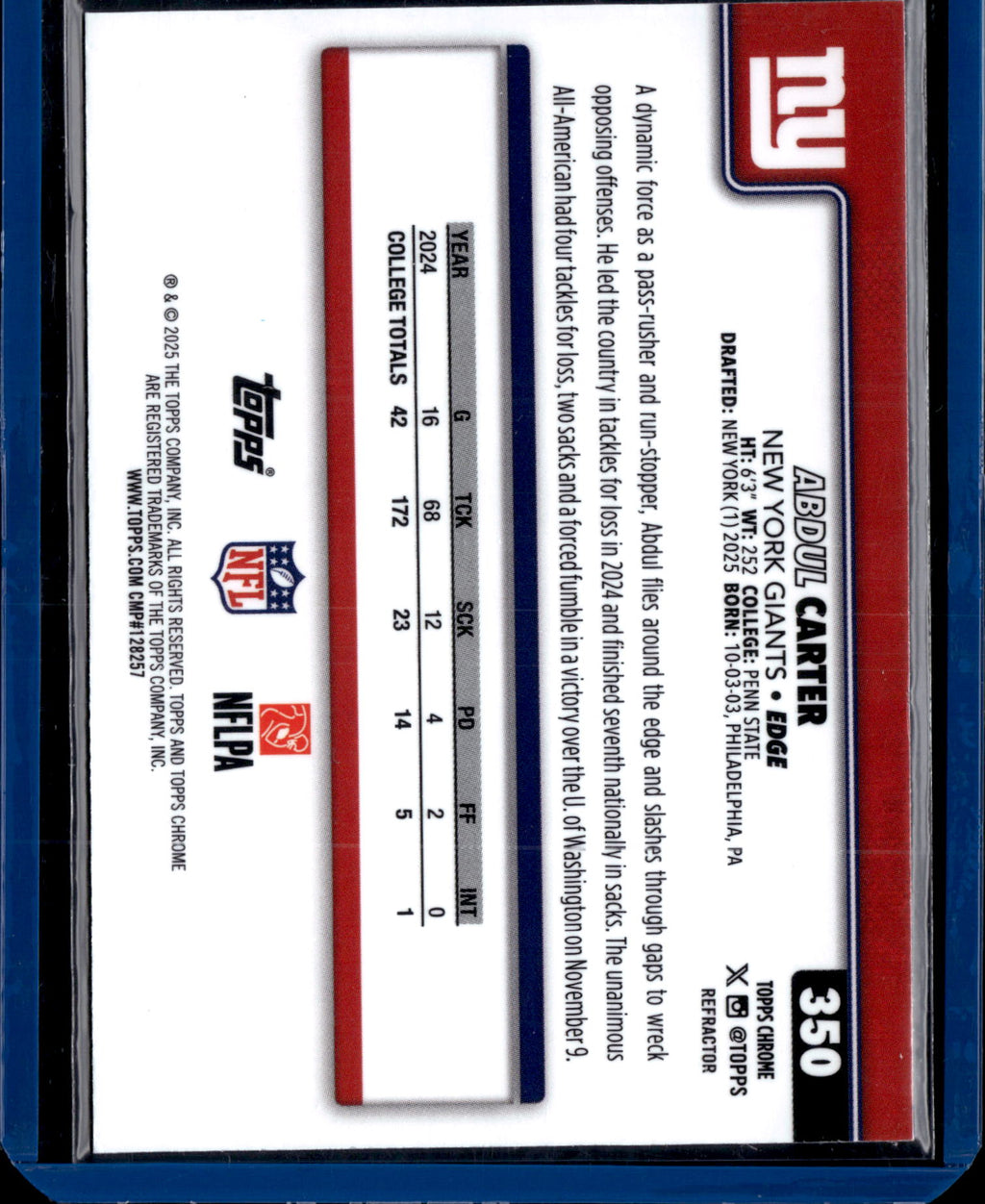 2025 Topps Chrome Football Abdul Carter #350 Refractor