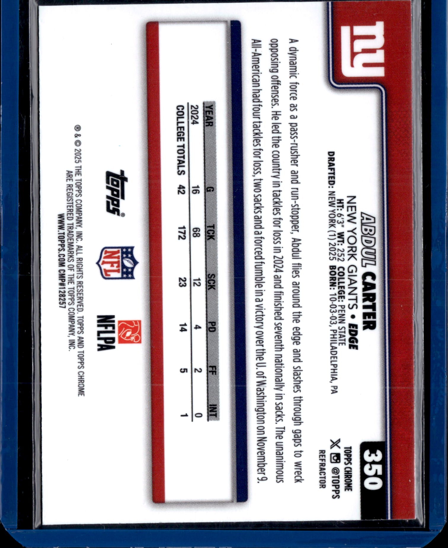 2025 Topps Chrome Football Abdul Carter #350 Refractor