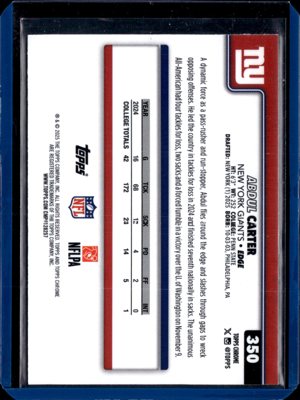2025 Topps Chrome Football Abdul Carter #350 RC