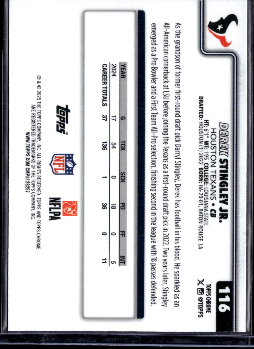 2025 Topps Chrome Football Derek Stingley Jr. #116 Prizm